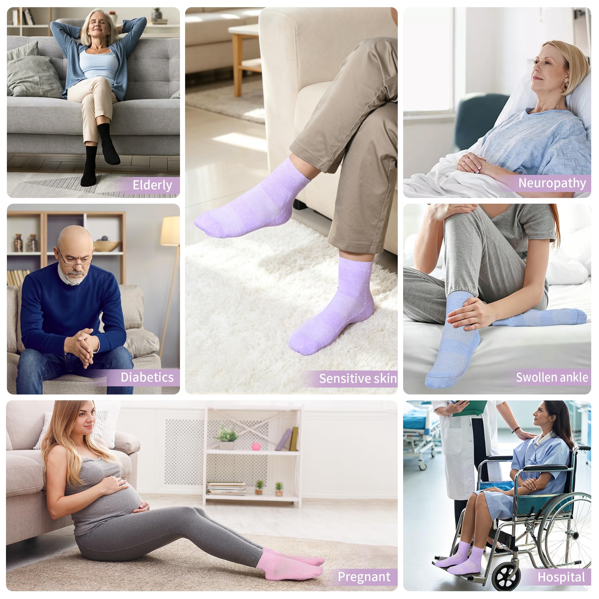 Revosoxs Calcetines de bambú para diabéticos para hombre y mujer, calcetines de tobillo para diabéticos con asas o sin asas, talla 39-42