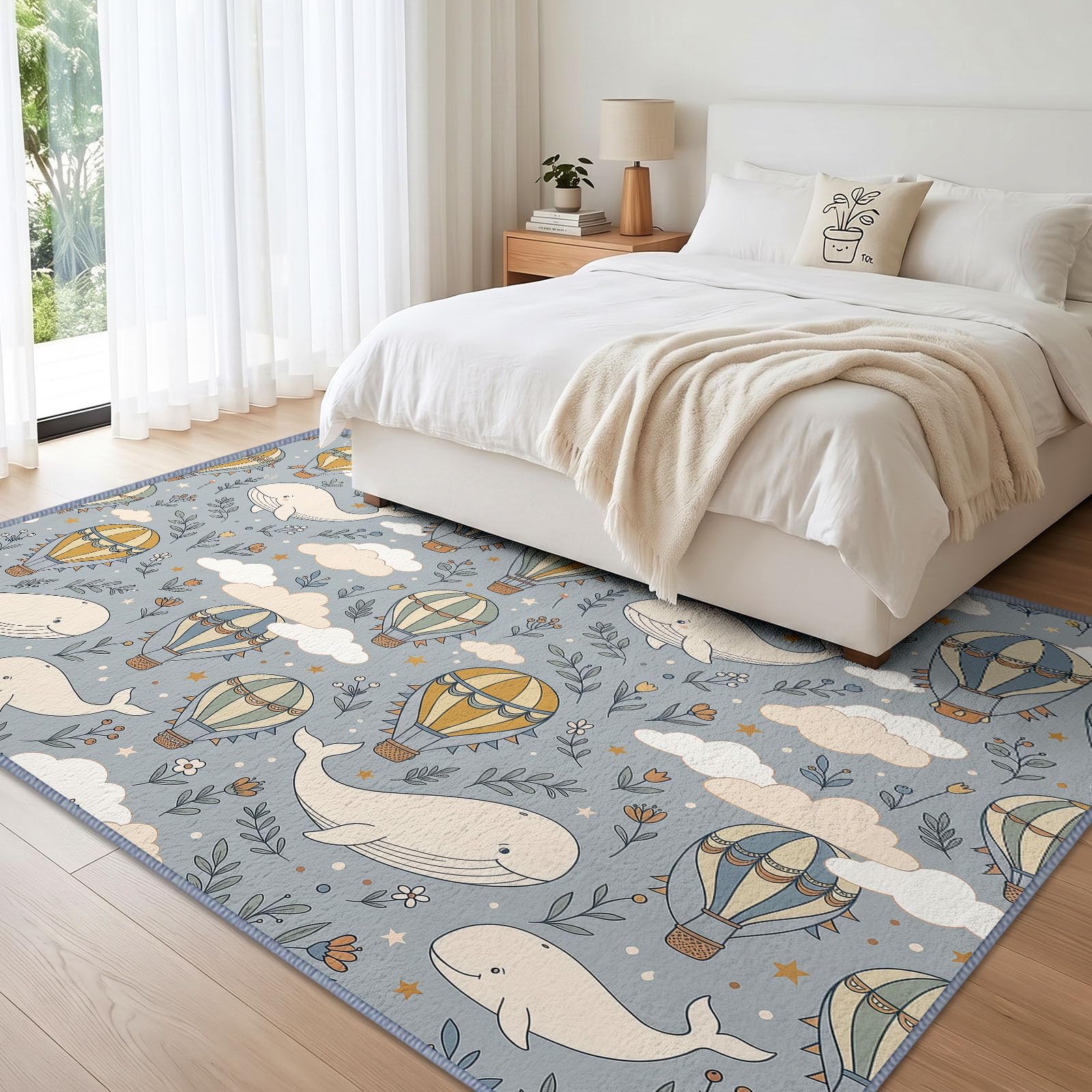 Tapis de Salon Montgolfière Baleine Mignonne Chambre Enfant 80x150cm, Doux