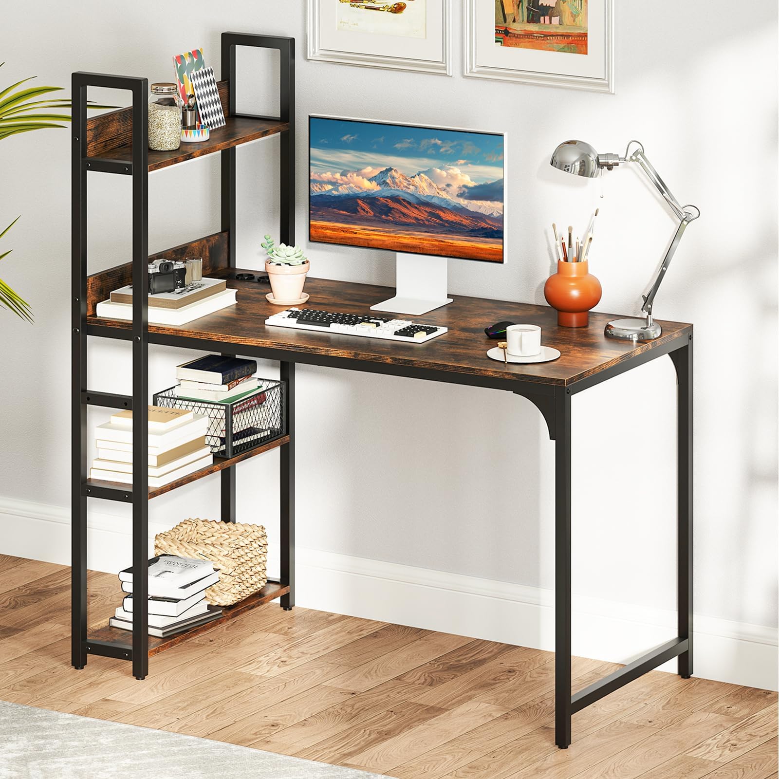 FANTASK Bureau avec bibliothèque Ouverte, Cadre en métal, Port USB et Prise de Courant, 120 x 65 cm, pour Bureau et Salon, Marron