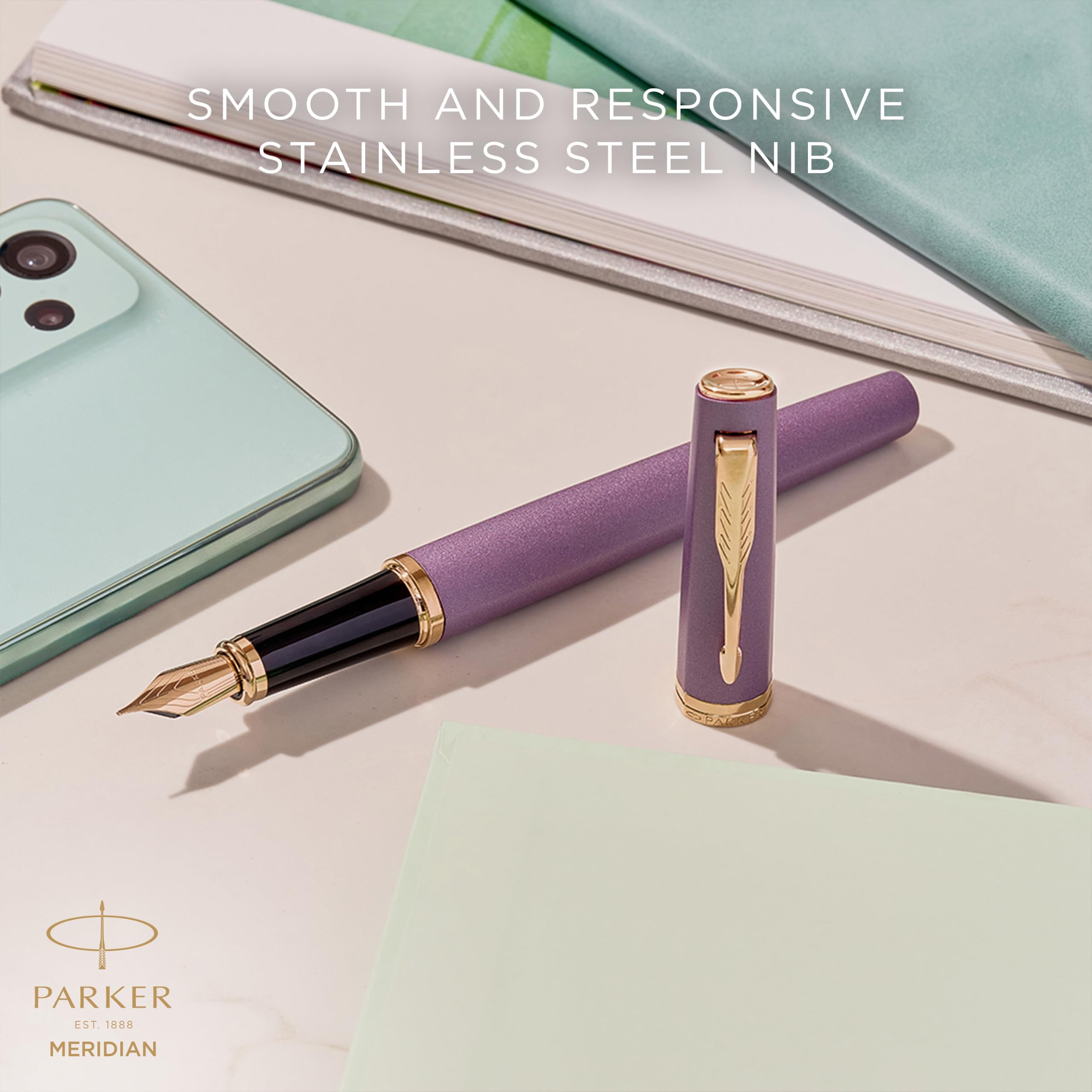Parker Meridian Penna stilografica | Lacca viola con rifiniture in oro rosa | Penna media | da scrittura e Materiali per Cancelleria | Inchiostro blu | Confezione regalo di lusso