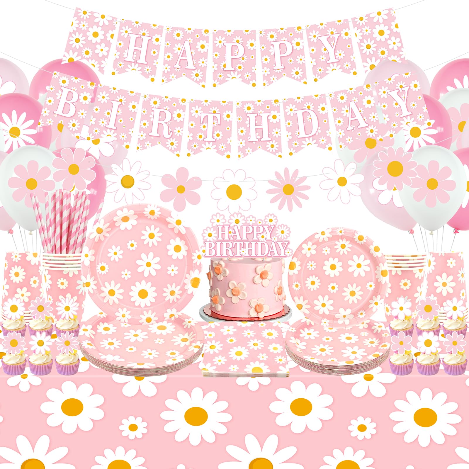 Pink Daisy - Decorazioni per feste di compleanno per ragazze, accessori per feste con striscioni, piatti, decorazioni per torte, bicchieri, tovaglioli, palloncini, tovaglie, per 20 persone