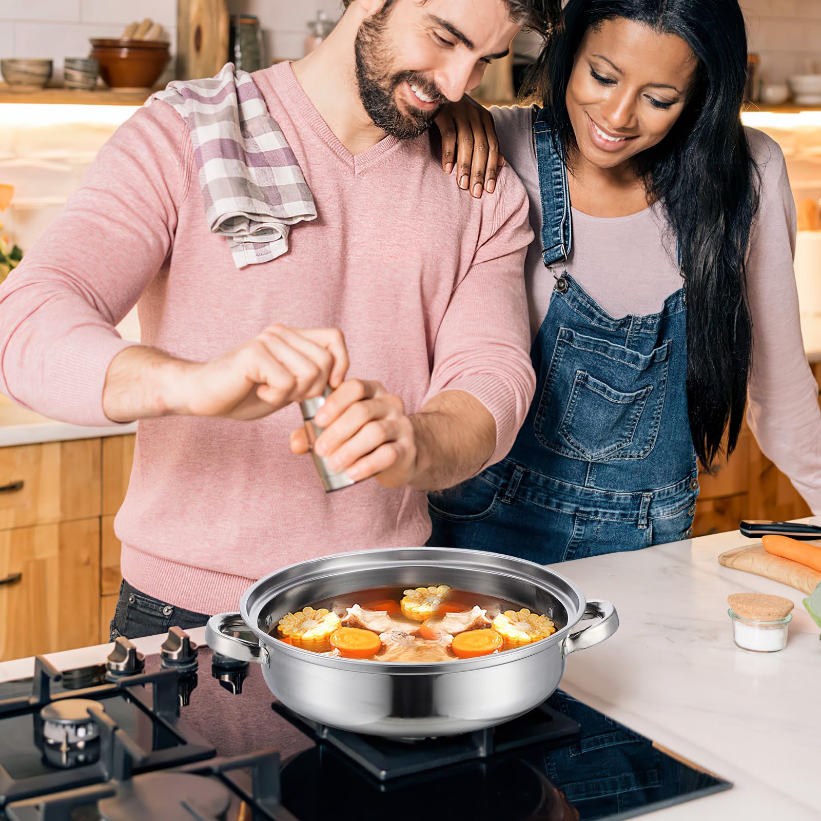 1pezzi Pentola Vapore in Acciaio Inox Resistente per Cottura Vapore Multifunzione con Coperchio Trasparente per Cucina Casalinga e Professionale