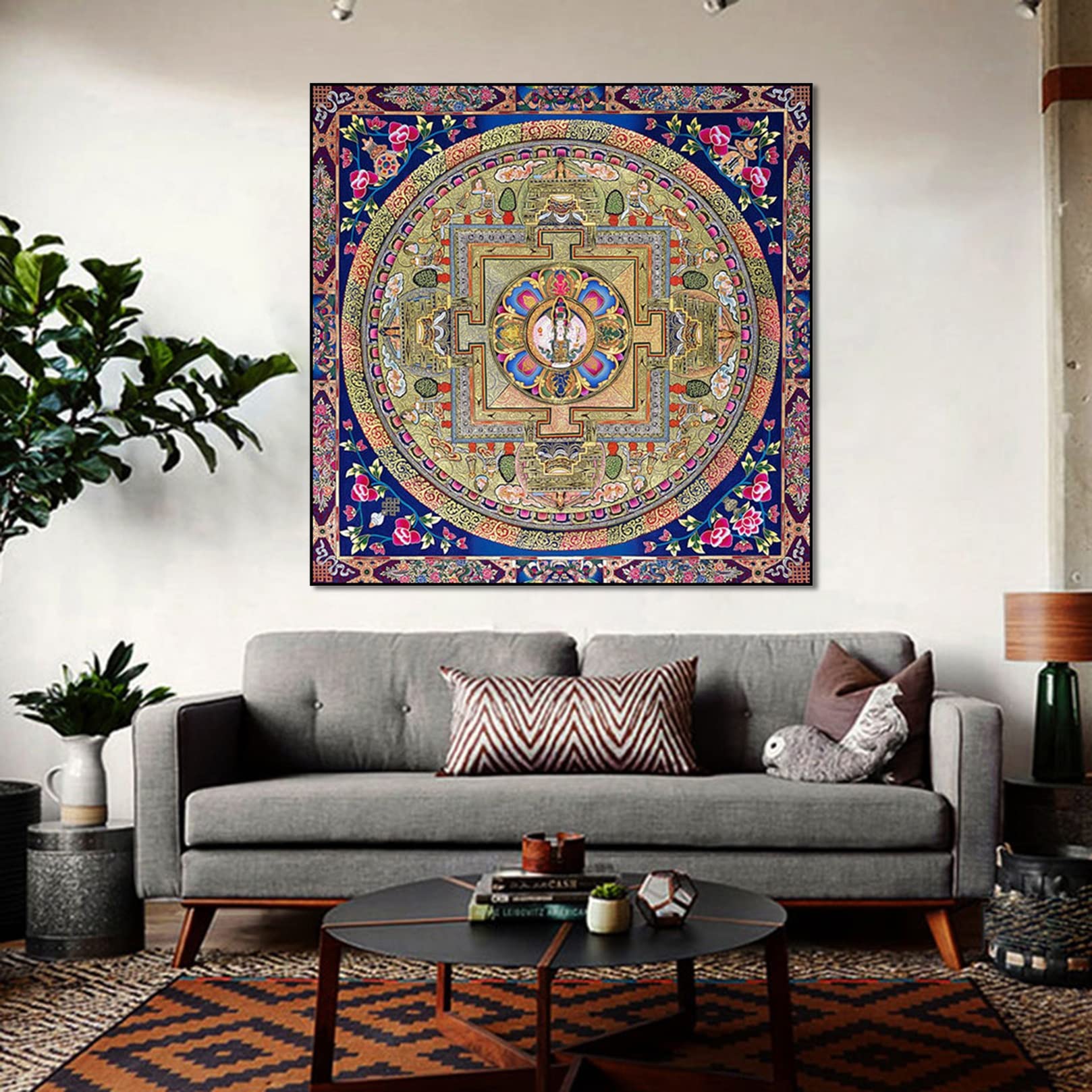Pittura tibetana Thangka Fatta a Mano, Pittura murale Thangka Ricamata in Seta del Tibet con Kit Cornice Simboli di Buon auspicio Pittura Thangka Ricamata(50x50cm)
