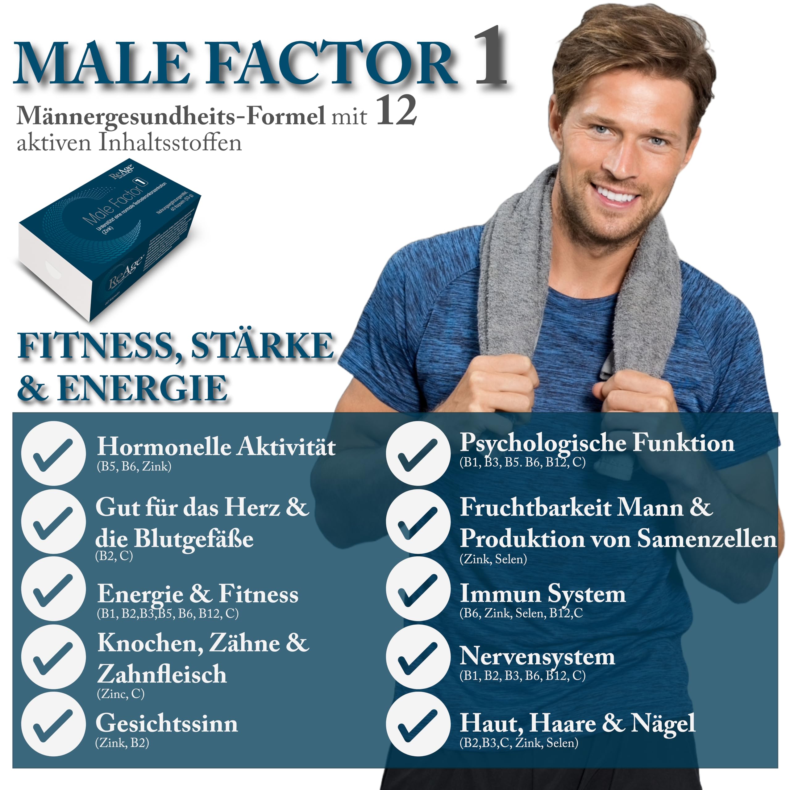 Male Factor 1 für MÄNNER | ZINK und SELEN | 100% natürliche Inhaltsstoffe | Für Muskelwachstum, Kraft & Energie | 60 Kapseln ReAge