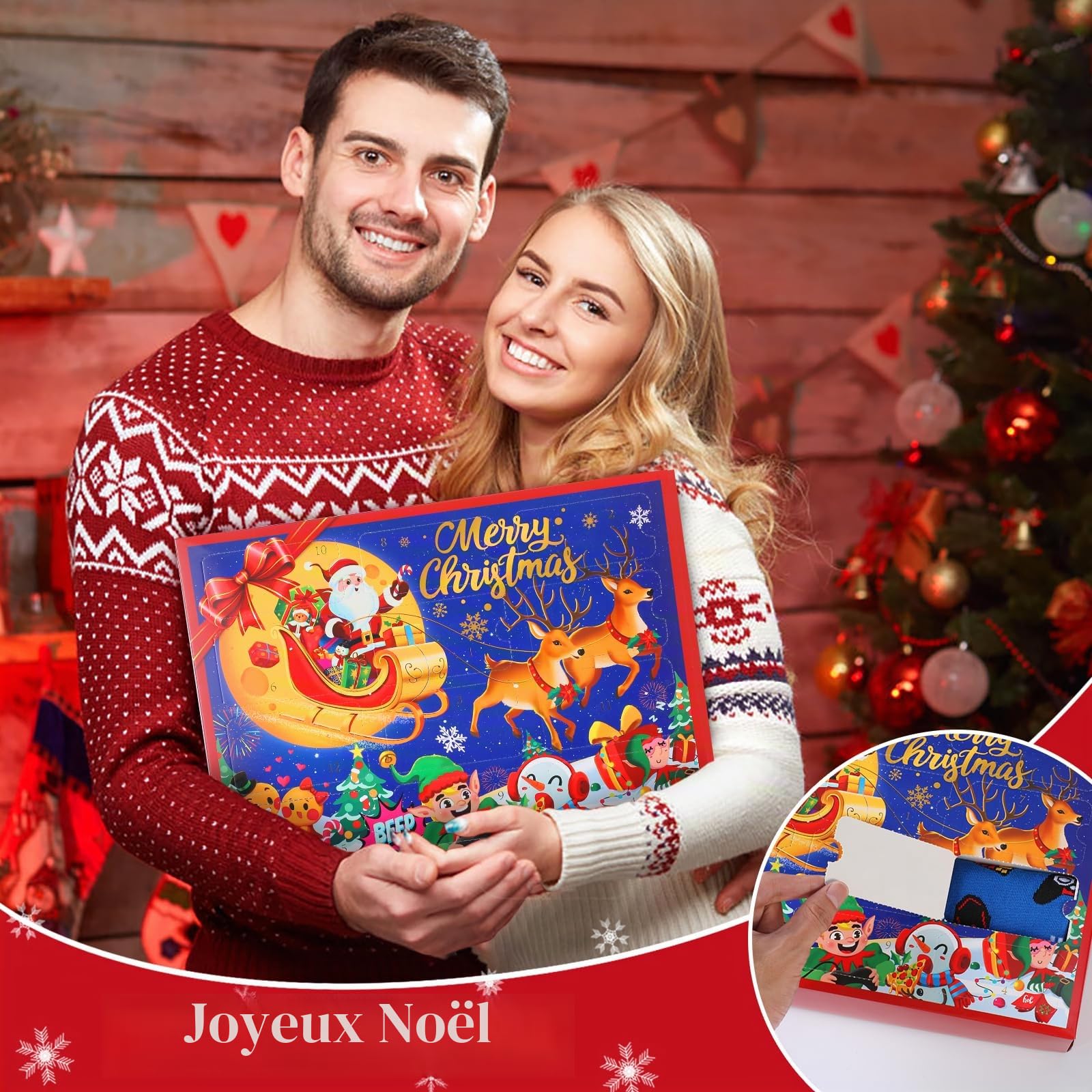 Jodimitty Lot de 12 paires de chaussettes de Noël 2024 - Unisexe - En coton - Textes amusants - Cadeaux de calendrier de l'Avent, multicolore, 36-43