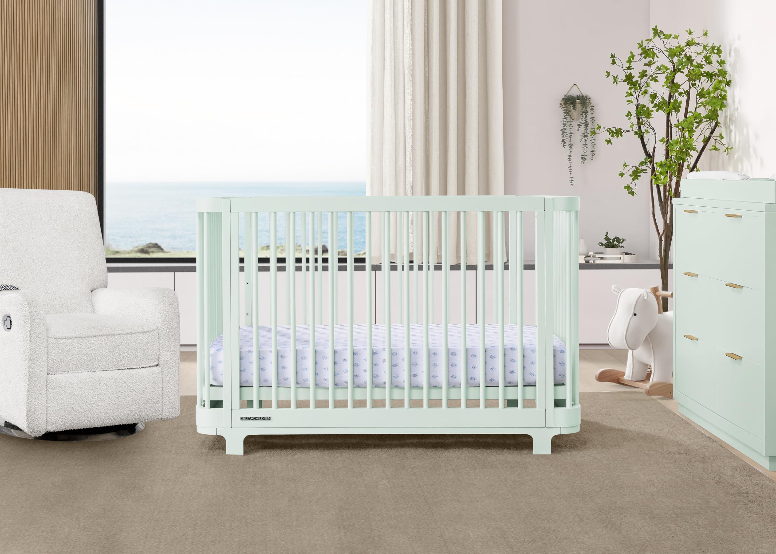 Delta Children Nest Crib 6-Piece Baby Nursery Furniture Set–Includes: Convertible Crib, Dresser, Changing Top, Mattress, Fitted Sheets & Changing Pad, Light Sage