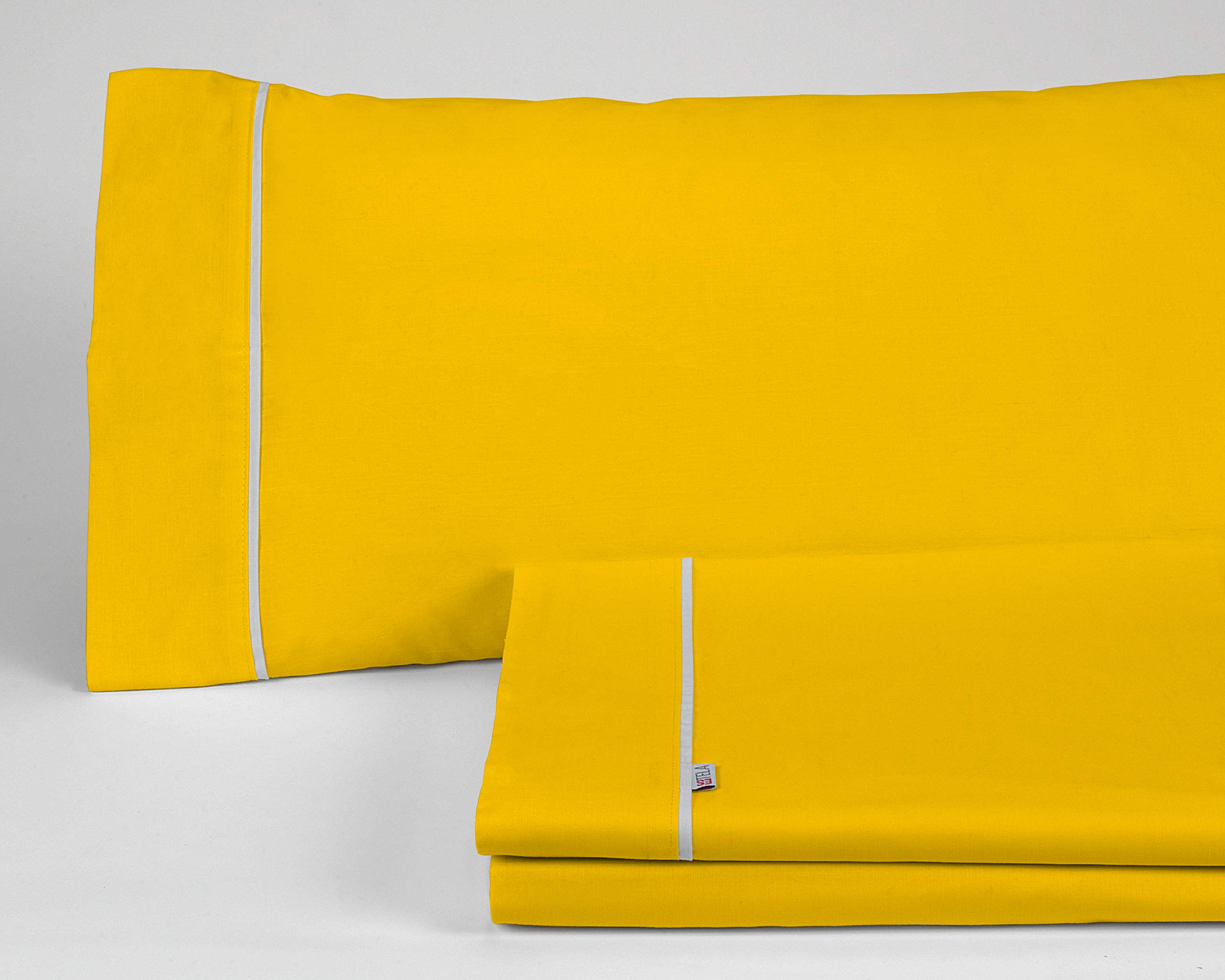 Juego de sábanas liso color mostaza - Cama de 180 (4 piezas) - 50% algodón / 50% poliéster - 144 hilos. Gramage: 115