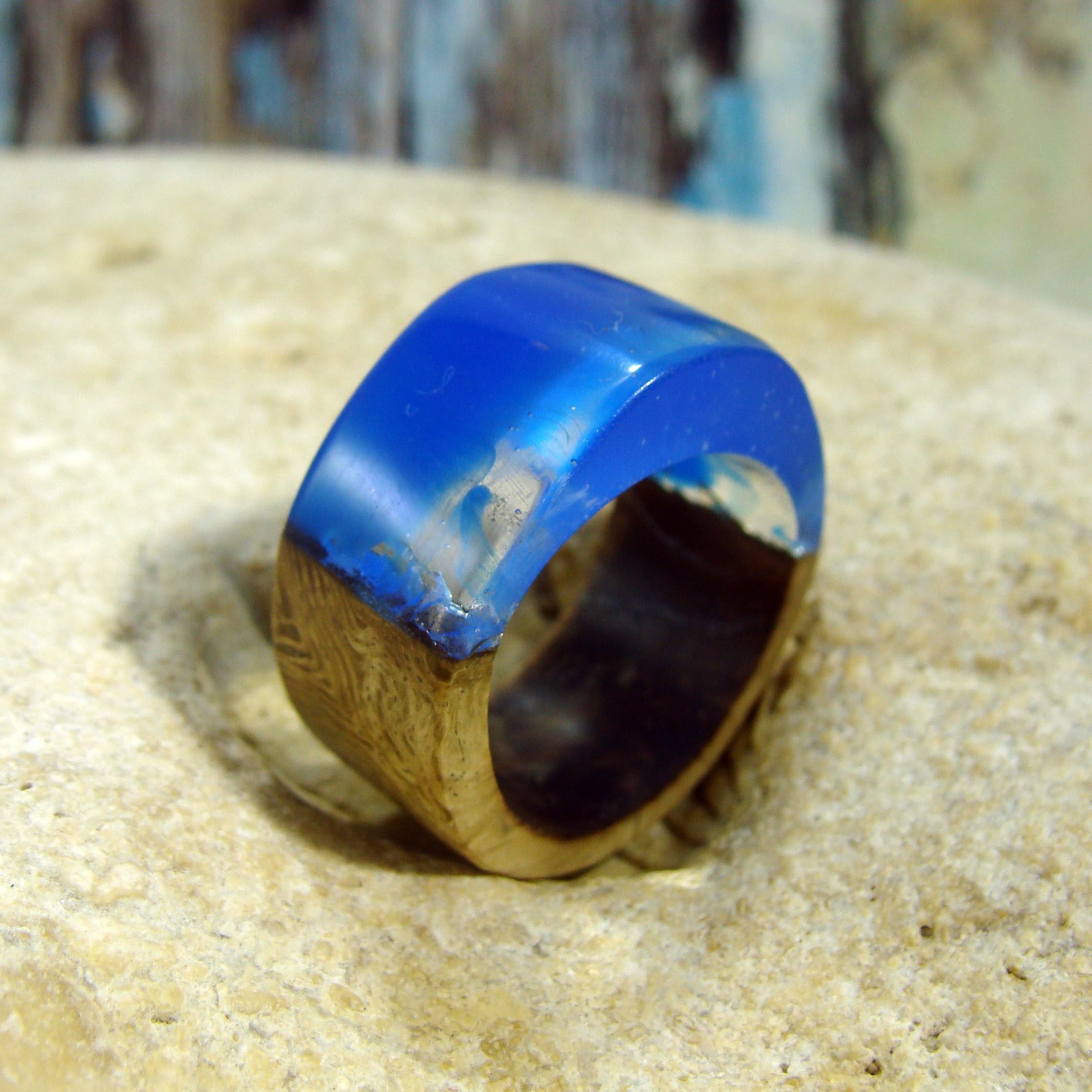 US9 Handmade Statement Wood and Resin Ring Mermaid Ring Wood Resin Band Ring Nature Resin Jewelry
