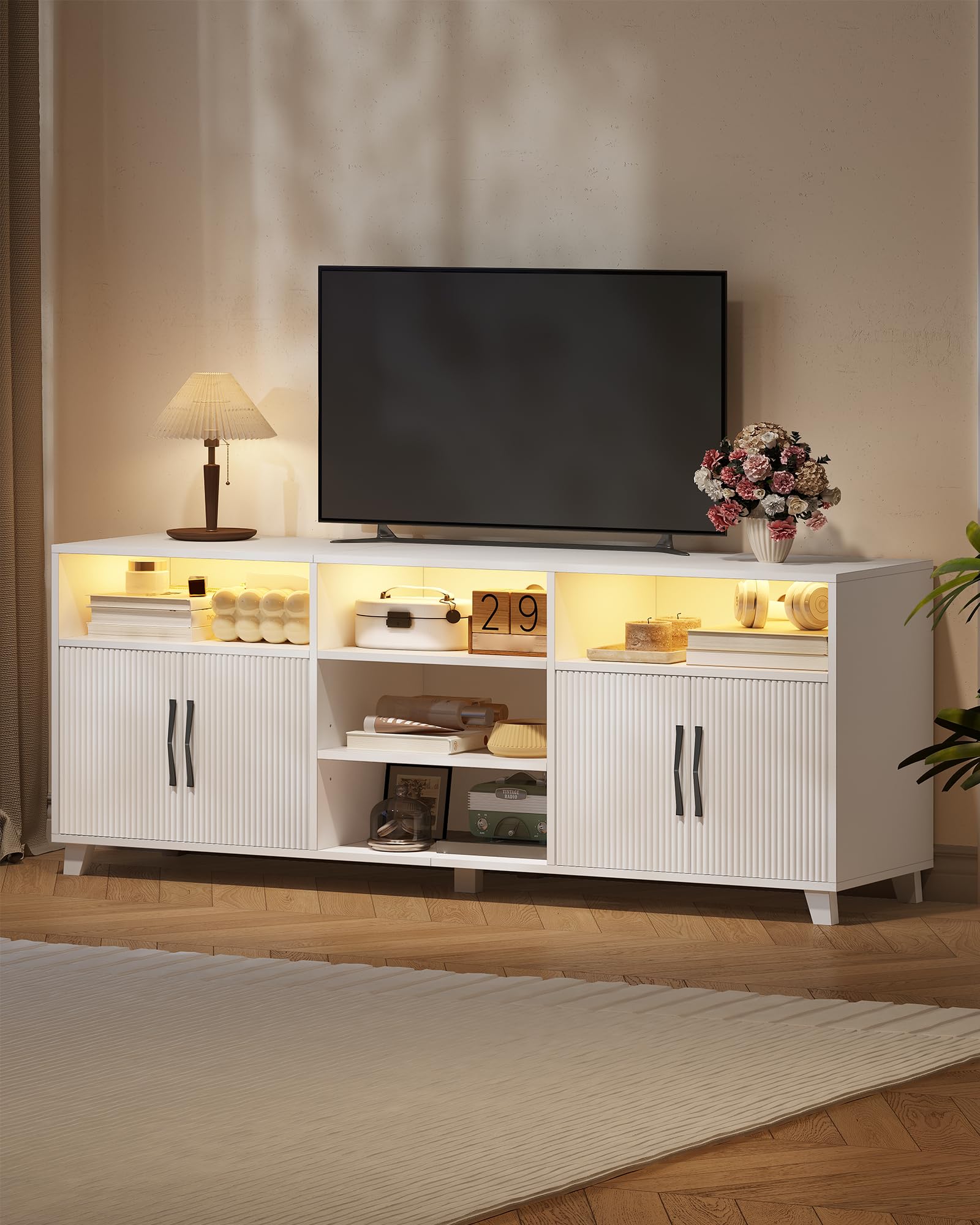 Hzuaneri Meuble TV, 147 cm Blanc, avec Lumières LED Réglables 25 Couleurs