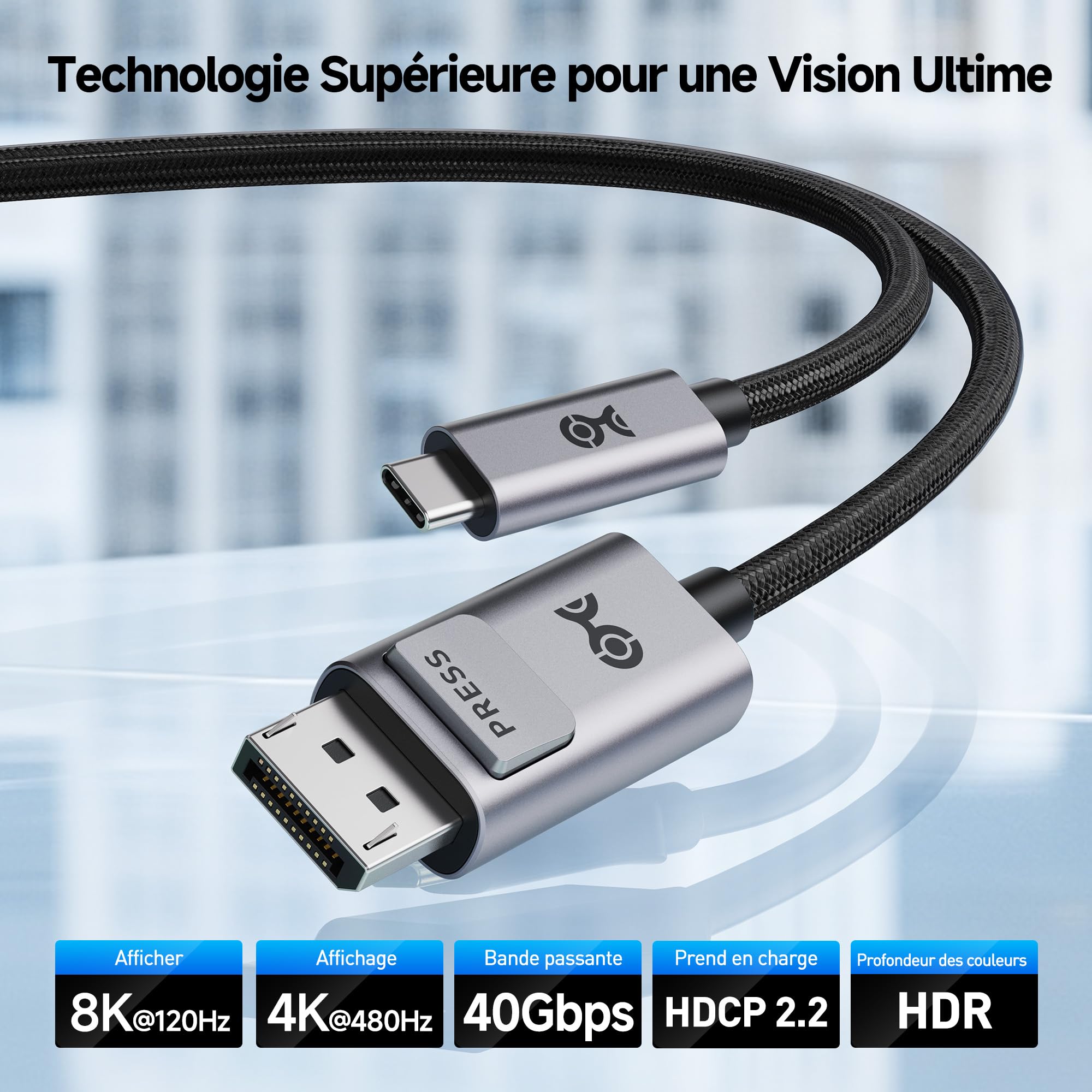 Cable Matters câble USB-C DisplayPort 2.1 bidirectionnel 1,8 m, DP40 (UHBR10) 40Gbps, 8K@120Hz 4K@480Hz, câble USB C vers DisplayPort, sans Power Delivery