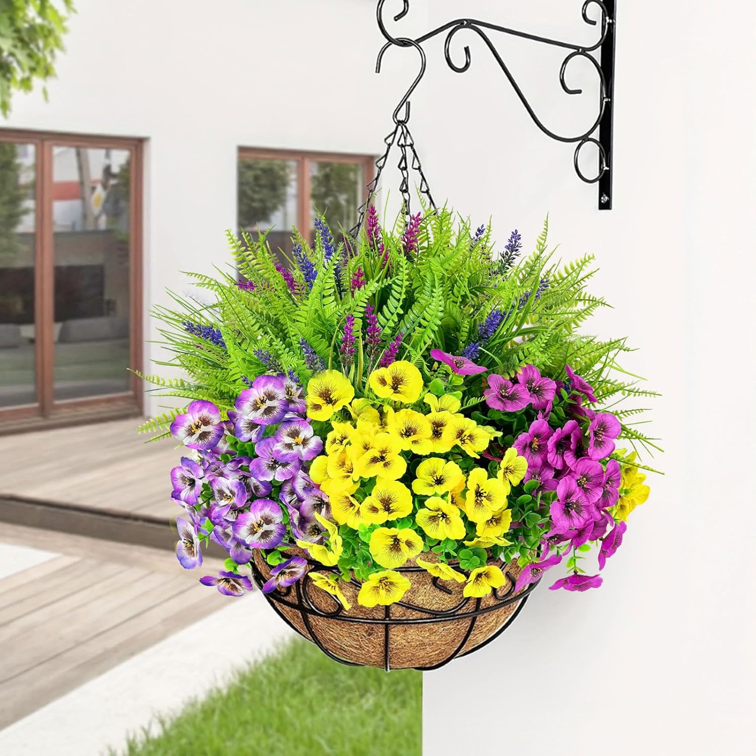 ICX 20PCS Artificial Flowers for Outdoors, 9 Bundles Artificial Pansies with Eucalyptus, 11 Bundles Lavenders & Ferns, Outdoor Flowers UV Resistant for Porch, Garden, Window Box, Hanging Basket Decor