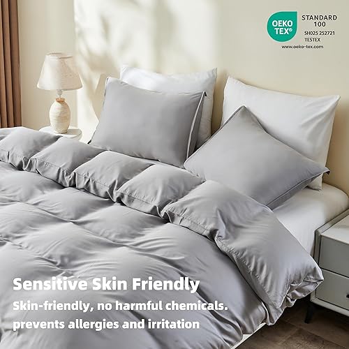 Miniatura 6 de GOKOTTA Juego de 3 fundas de edredón 100% rayón de bambú, funda de edredón suave con cierre de botón y lazos en las esquinas, 2 fundas de almohada