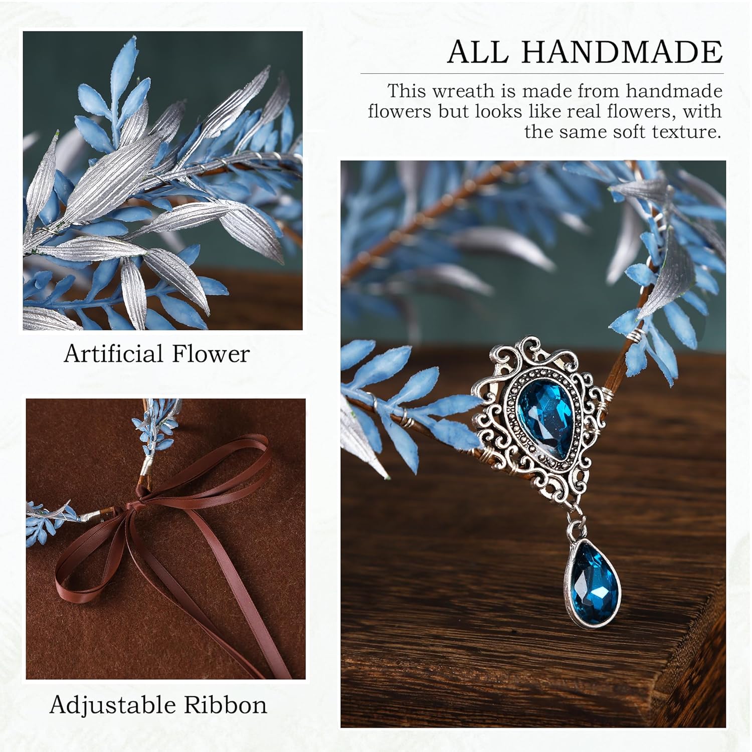 MOSTORY Blue Flower Fairy Crown - Woodland Elf Headpiece Floral Headband Forest Leaf Circlet for Women Renaissance Renfaire Halloween Cosplay Fantasy Photo Shoot - Image 7