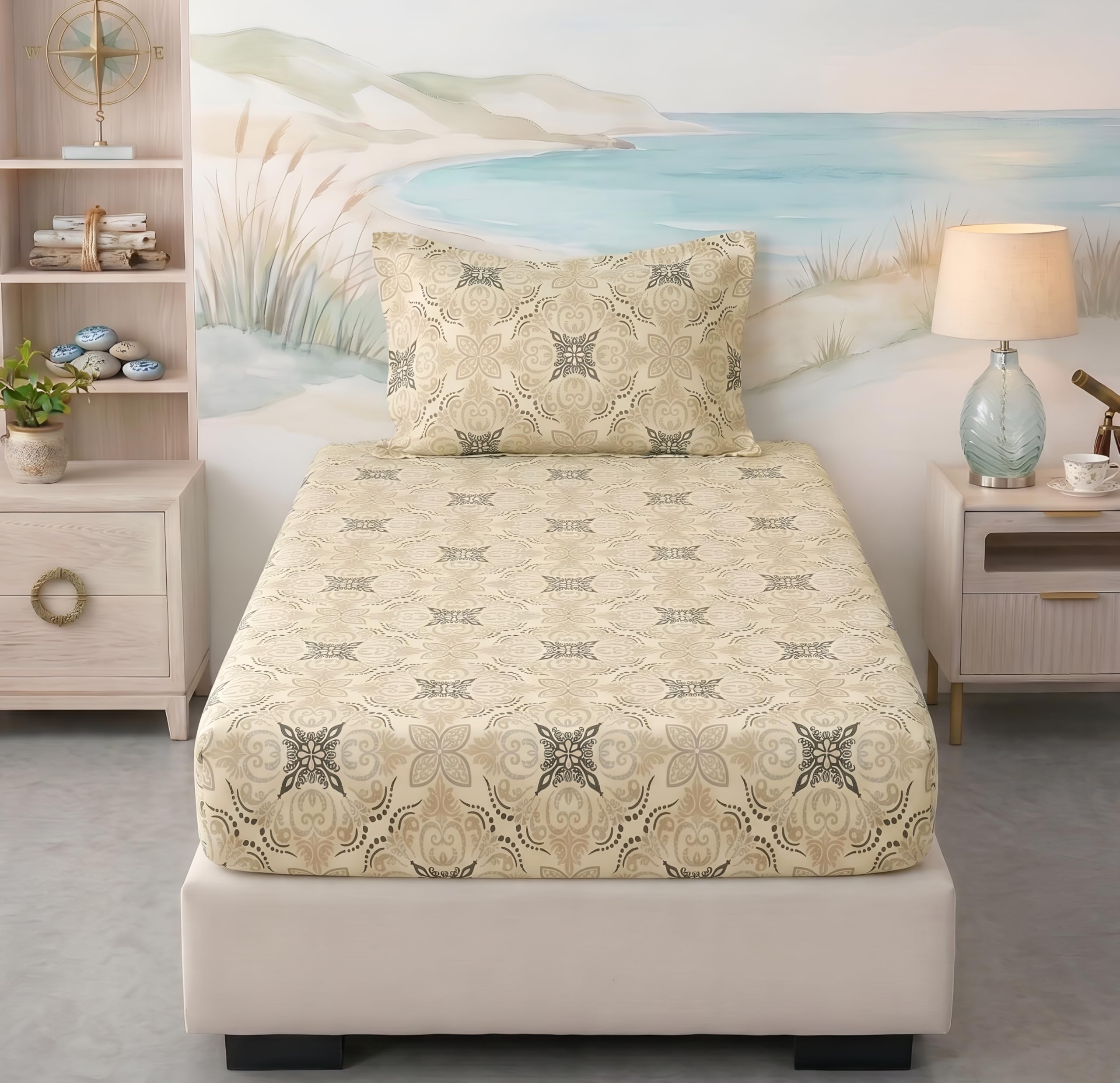 BSB HOME 220 TC Cotton Fitted Single Bedsheet with 1 Pillow Cover, Soft Breathable, Elastic Fit, Fade Resistant, Easy Care – 36 x 72 + 6 Inches (Sandstone Damask)