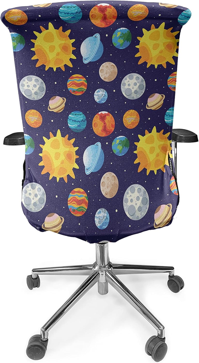 Ambesonne Outer Space Office Chair Cover, Colorful Planets Cartoon with Sun Solar System Themed Illustration, Stretchable Decorative Universal Size High Back Printed Slipcover, Indigo Yellow Orange