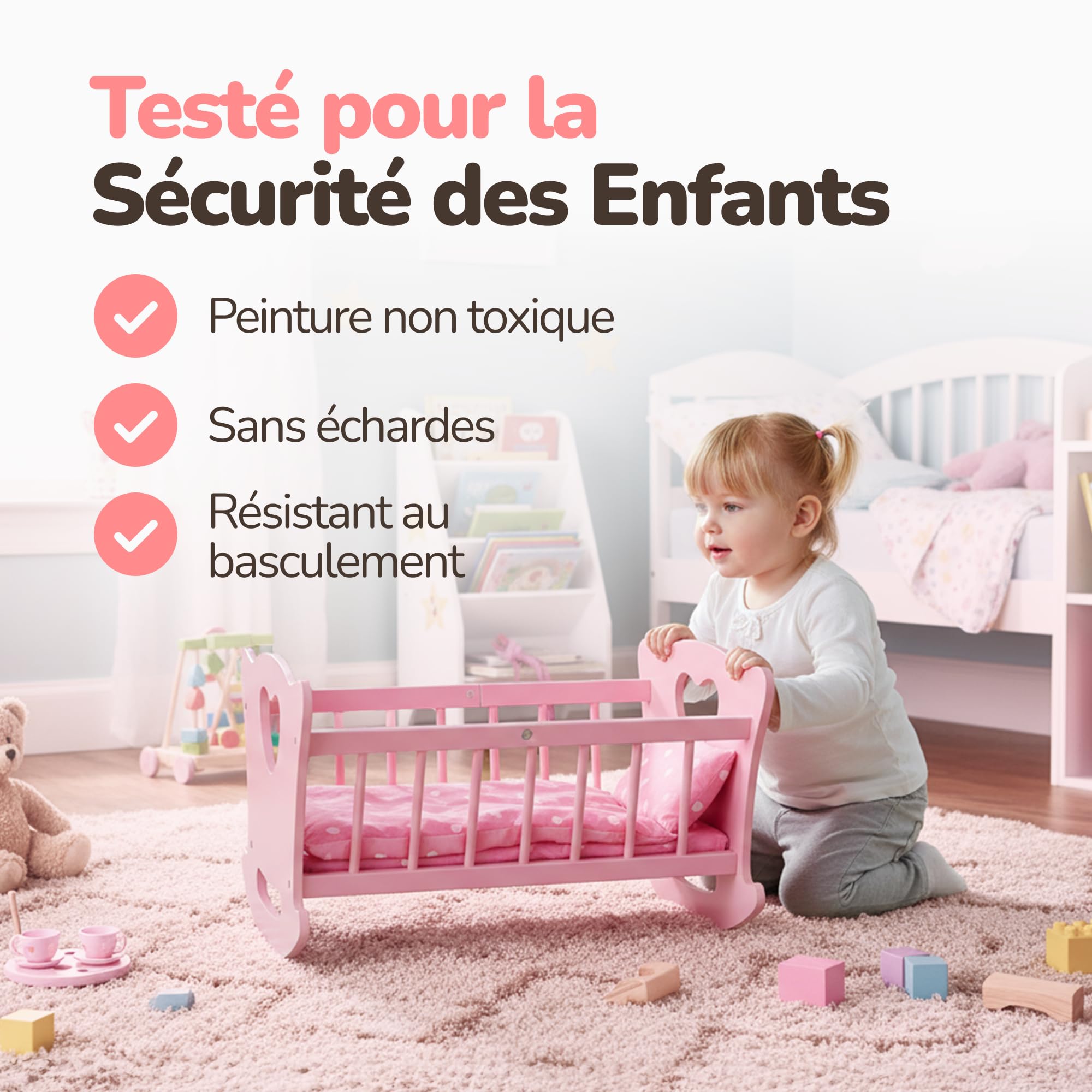 Kinderplay Berceau de poupée en Bois avec Parure de lit - Lit à Bascule pour poupées jusqu'à 49,5 cm - Jouet en Bois Durable pour Filles à partir de 3 Ans - Lit de poupée avec Matelas, Coussin et