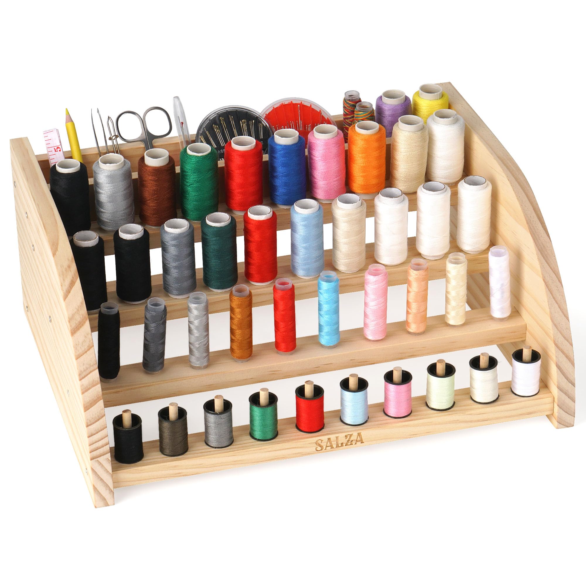 SALZA Sewing Thread Organizer with Compartments for Bobbins, Needles & Accessories - Holds Mini and Standard Spools - DIY Assembly Needed - Ideal for