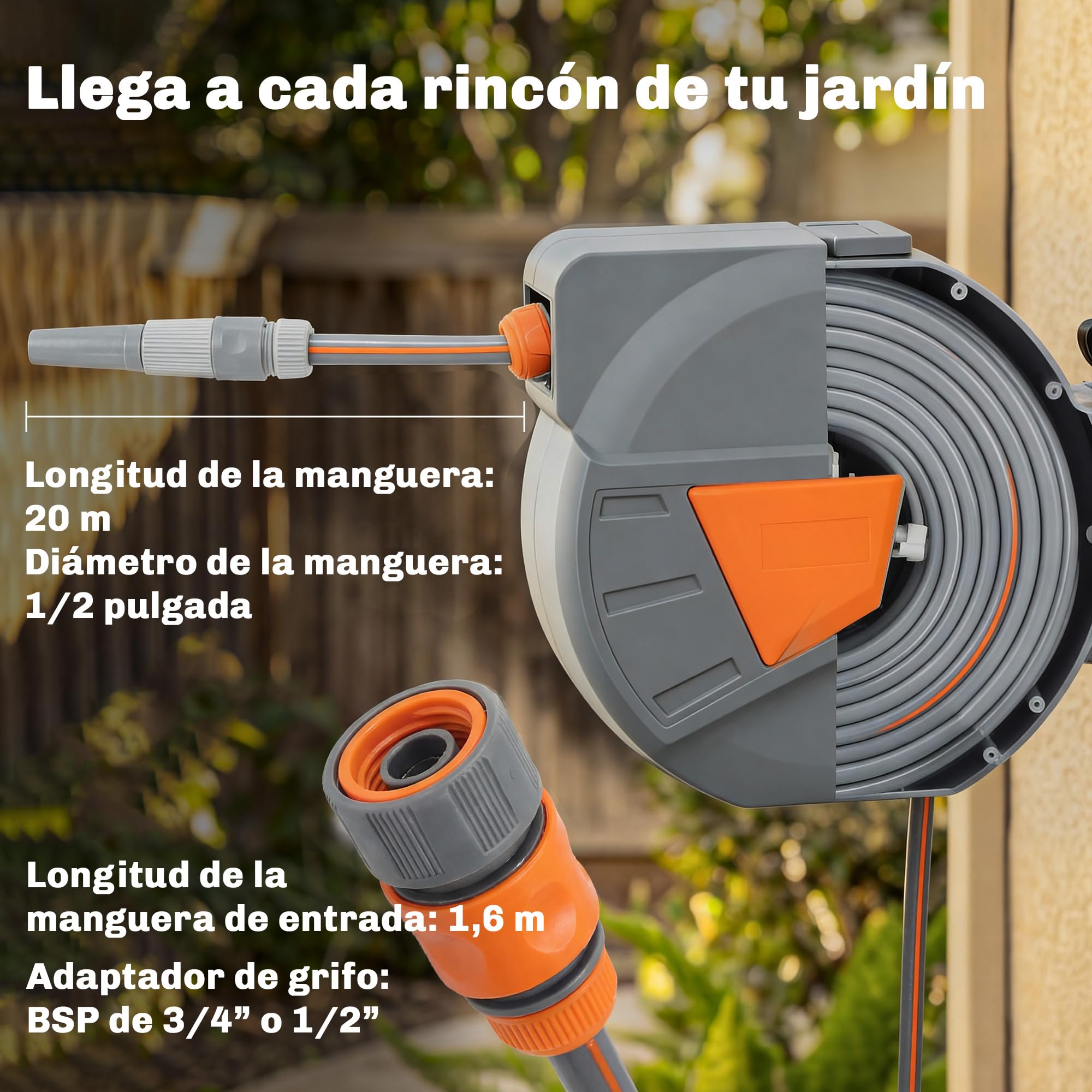 Outsunny Enrollador de Manguera para Jardín 20+1,6 m con Boquilla de 2 Modos, Carrete de Manguera de Jardín de Pared con Bloqueo Automático y Retracción Controlada, Soporte Orientable 180°, Naranja