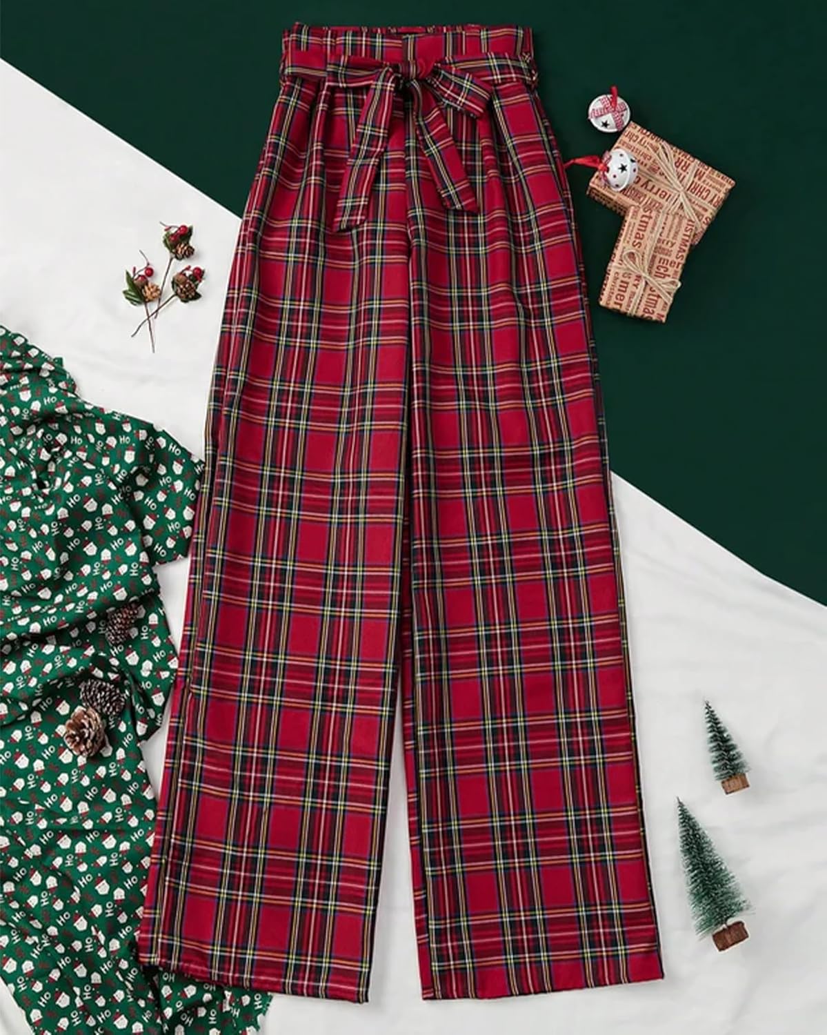 Women's Tartan Plaid Print Pants High Waisted Wide Leg Baggy Palazzo Pants with Belt - Image 6