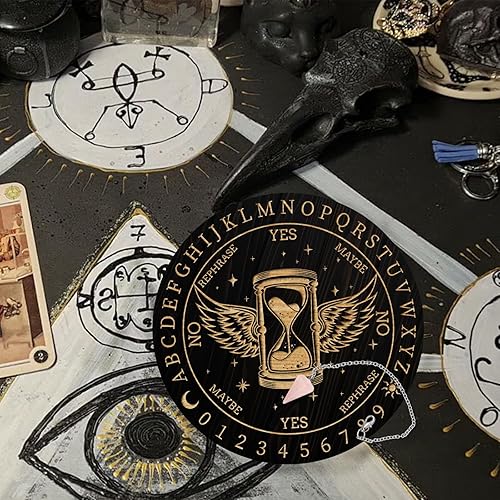 Miniatura 7 de AHANDMAKER Juego de tablero de péndulo, tablero de adivinación de madera para radiestesia, tablero de mensajes metafísicos con collar de péndulo de
