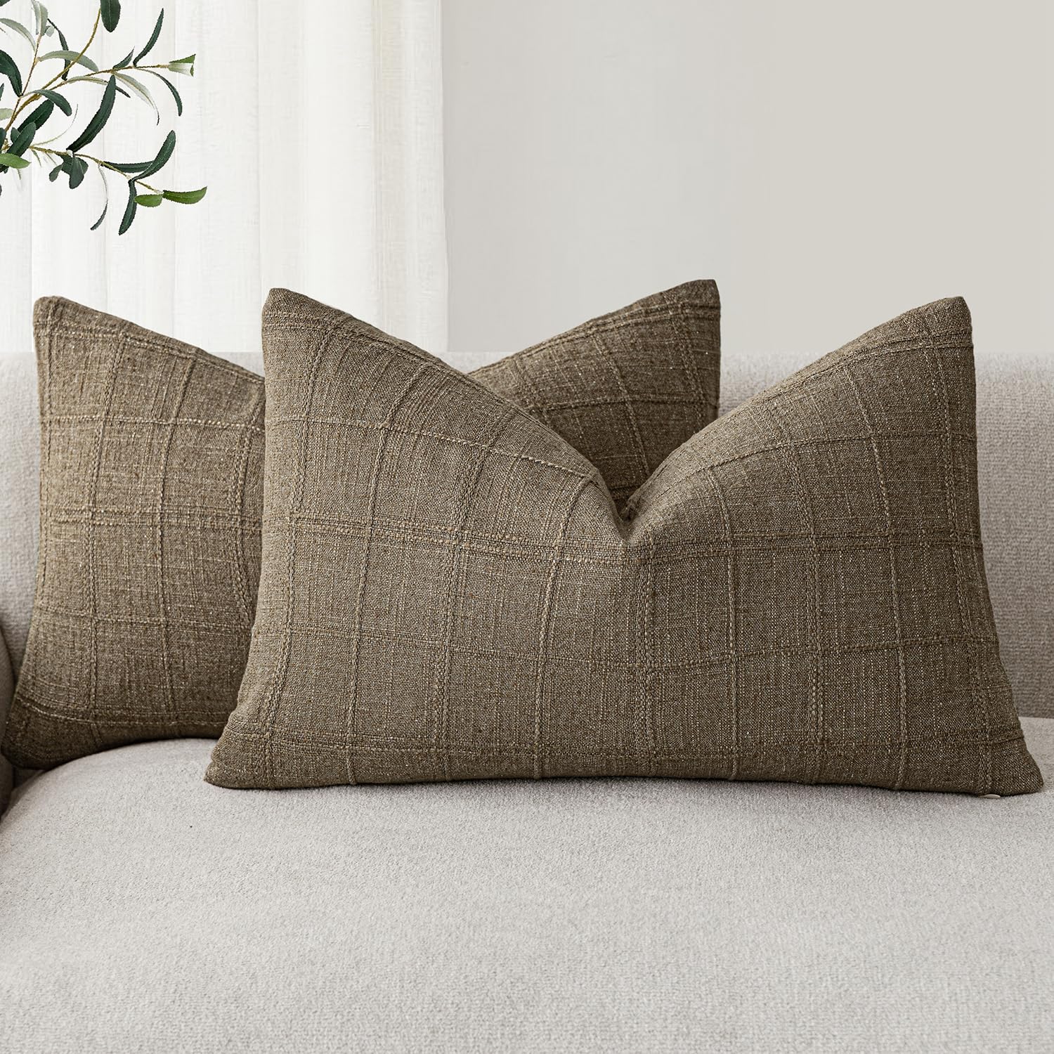 Foindtower Textured Linen Check Lumbar Throw Pillow Cover 12×20 Light Brown