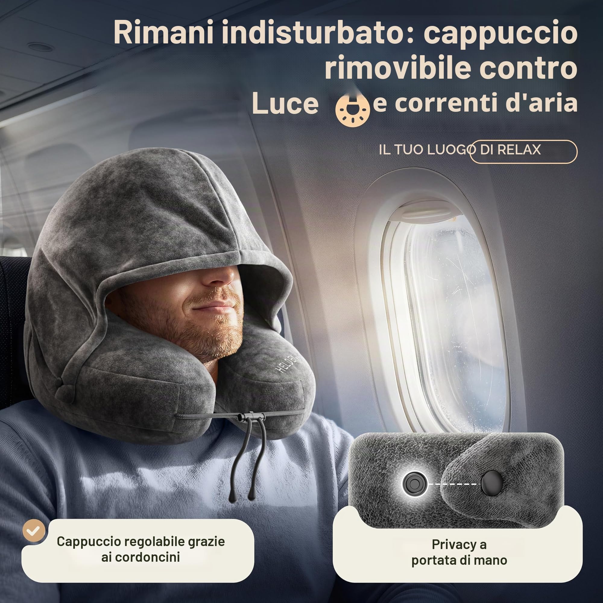 HELDENWERK® Premium Air Cuscino cervicale gonfiabile da viaggio per auto | Design ErgoRing, 5 posizioni di sonno, con cappuccio rimovibile, gonfiabile in pochi secondi, 100% impermeabile
