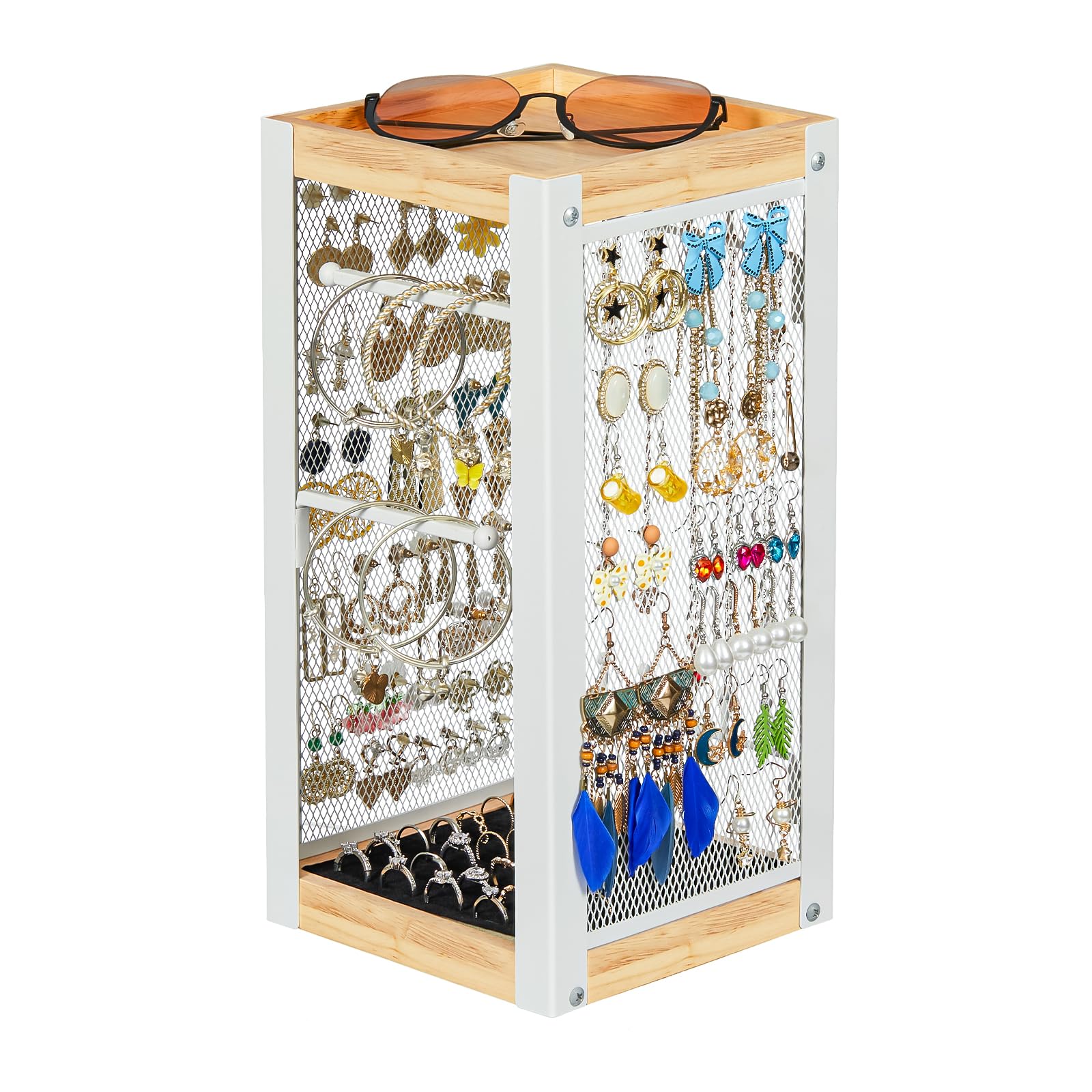 keomaisyto Earring Holder Organizer, 360 Rotating Jewelry Holder with Ring Tray/Necklace/Bracelet/Ring Hooks, White Earring stand with 4 Sides and 2 Wooden Trays for Jewelry Display (Upgraded)