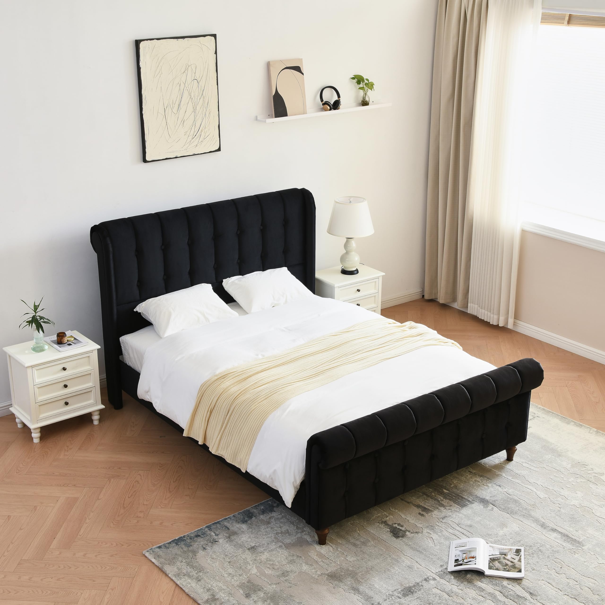 Full Size Bed Frame, Velvet Upholstered Platform Sleigh Bed with Button Tufted Headboard & Footboard/Wingback, Metal Frame Wooden Slat Support Easy Assemble & Noiseless, Black(incomplete 2/2)