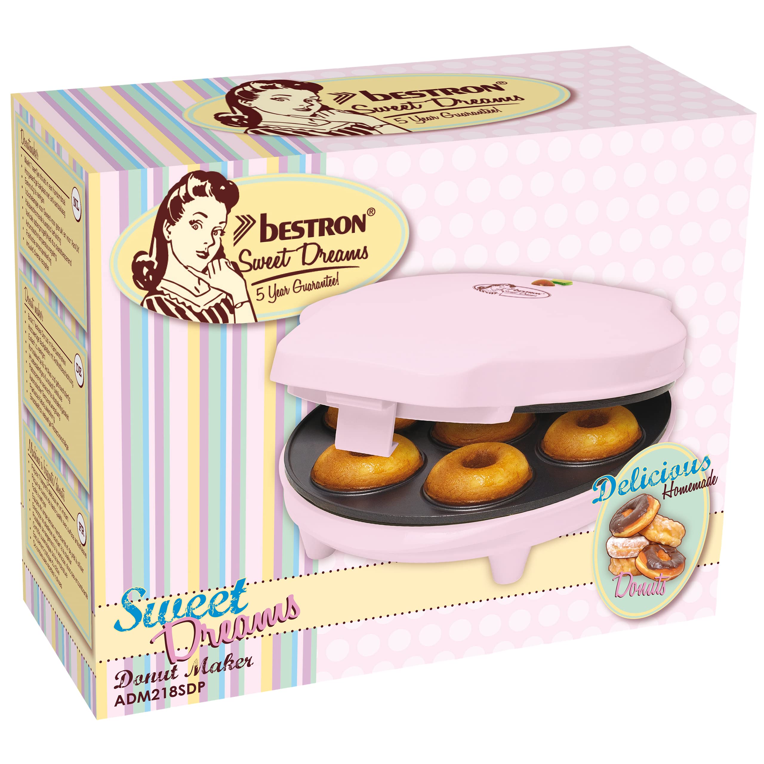 Bestron macchina per ciambelle elettrica, Donut Maker per 7 ciambelle piccole, incl. antiaderente & indicatoro luminso, 700 watt, colore: Rosa
