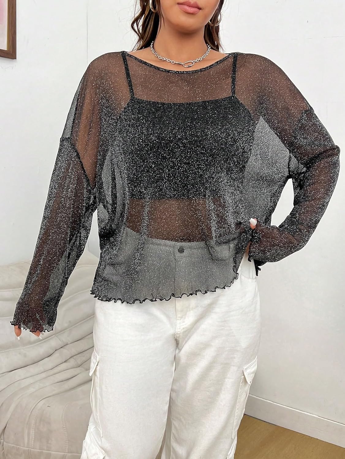 SweatyRocks Women's Plus Size Glitter Lettuce Trim Sheer Mesh Top Long Sleeve Drop Shoulder Loose Tee Shirts - Image 2