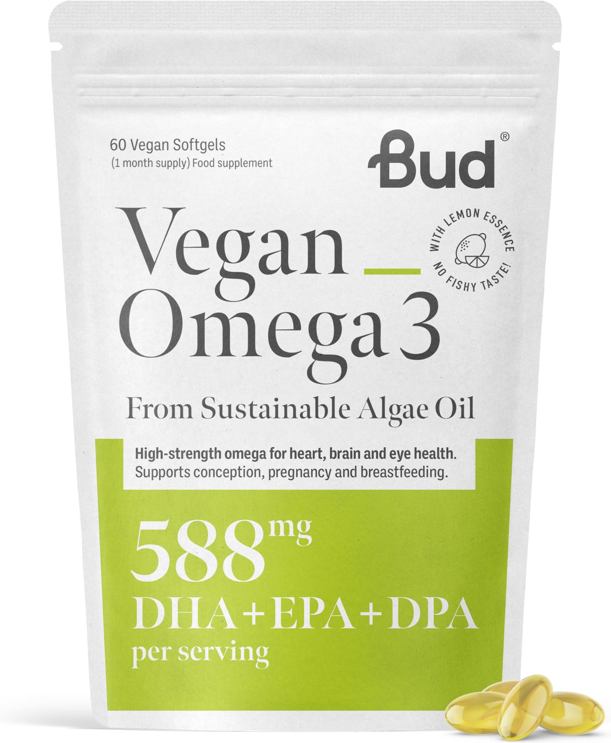 Vegan Omega 3 Supplements - High-Strength DHA EPA & DPA - Premium Plant-Based Algae Oil Omega 3 - Omega Supports Brain, Eye & Heart Health - 60 Omega 3 Vegan Capsules (1 Month Supply)