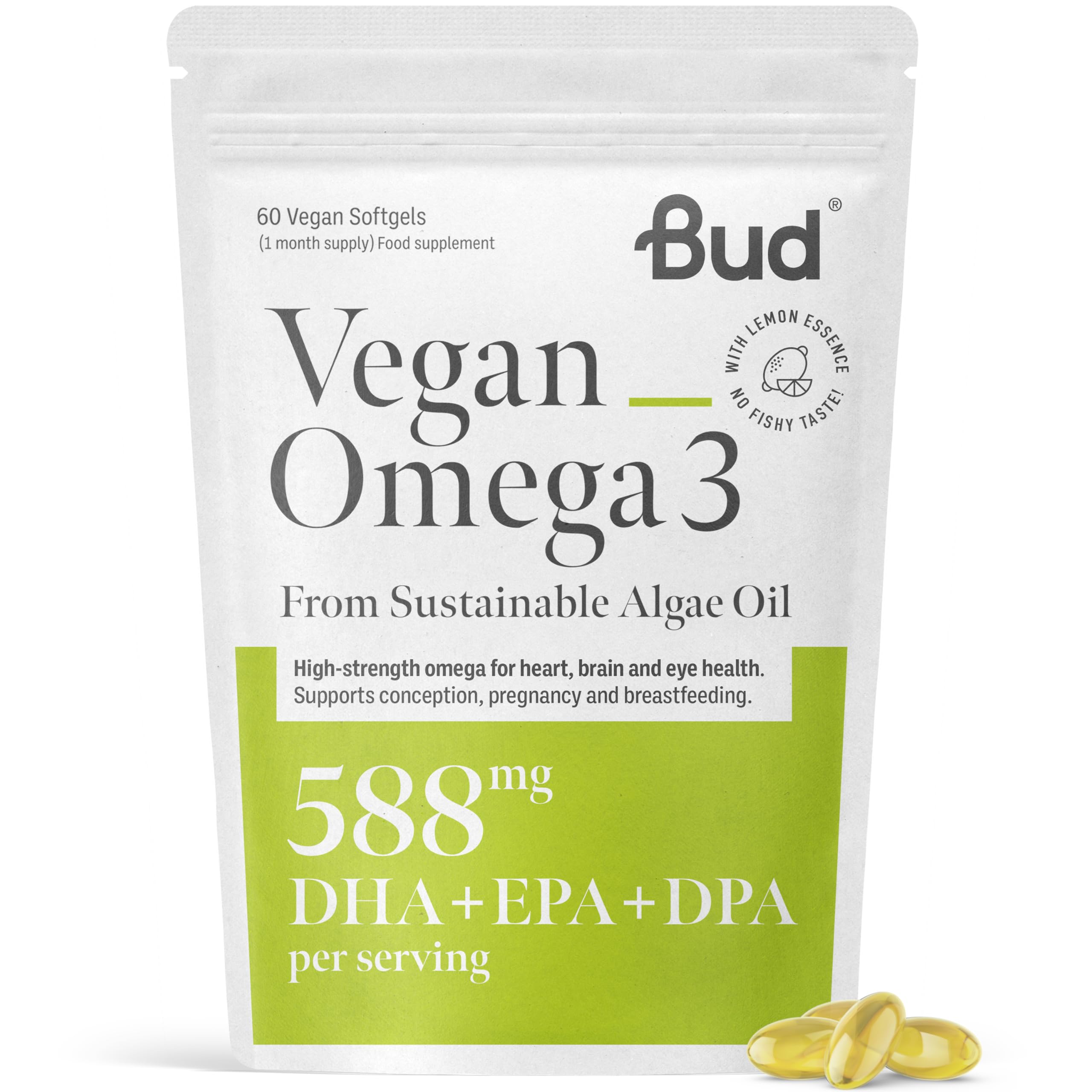 Vegan Omega 3 Supplements - High-Strength DHA EPA & DPA - Premium Plant-Based Algae Oil Omega 3 - Omega Supports Brain, Eye & Heart Health - 60 Omega 3 Vegan Capsules (1 Month Supply)