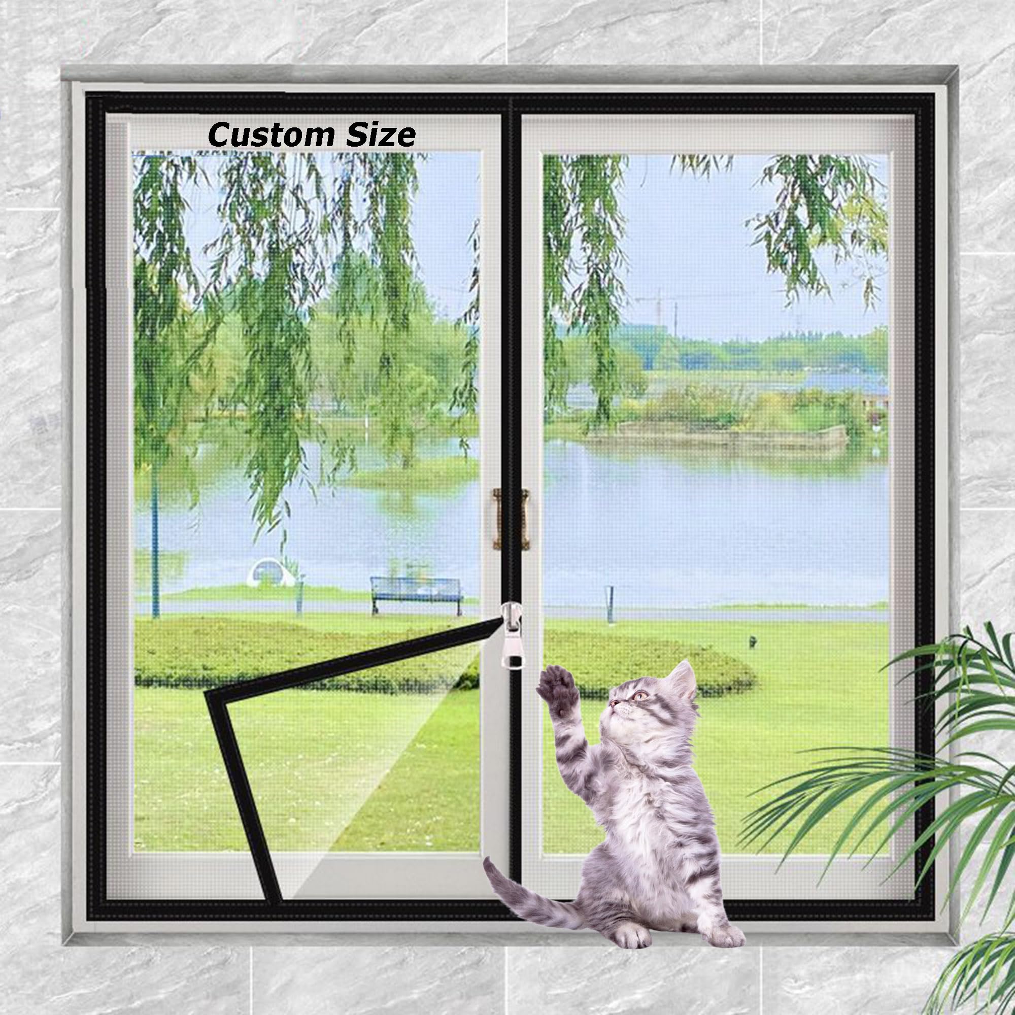 Xxiudee Multicolor Custom Size Cat Proof Window Mesh, Cat Safety Nets Fly Screen Netting, Self Adhesive Balcony Window Screen Mesh, Window Protection With Zipper For Cats