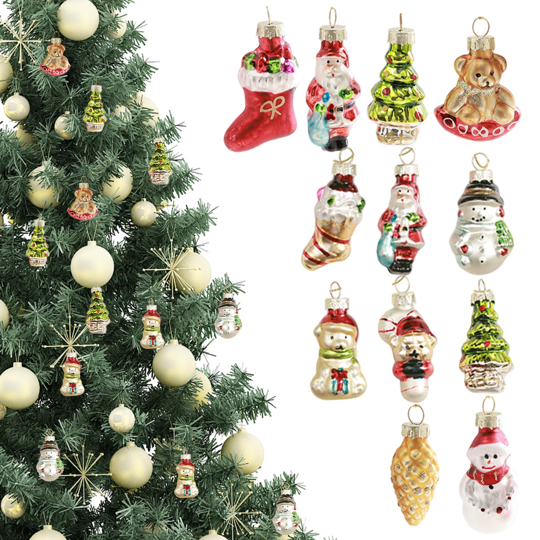 CAKEEYUM 12Pcs Christmas Tree Ornaments Colourful Mini Glass Baubles with Rope Hanging Vintage Christmas Ornaments for Xmas Tree Party Decorations Set, Set, R