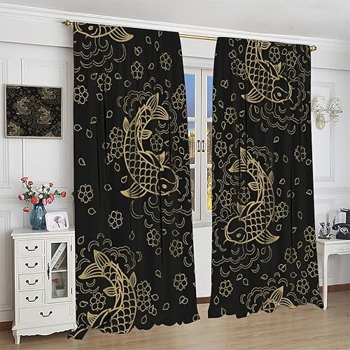 Miniatura 4 de Cortinas japonesas de pez Koi, estilo asiático con ondas oceánicas, oscurecimiento de habitación, ventana, bolsillo para barra, cortina para sala de