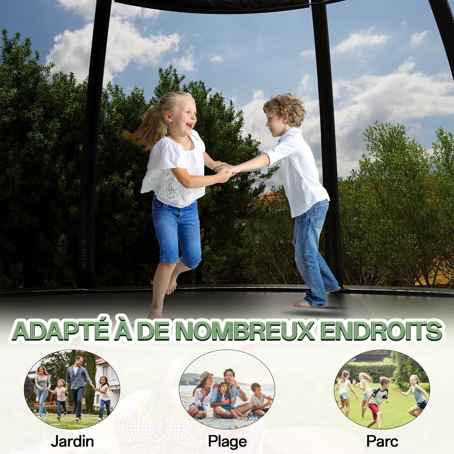 Flamaker Trampoline de Extérieur pour Enfants Ø366/427cm, Kit Complet avec Filet de sécurité, échelle, Housse de Bord, ancrage au Sol et Accessoires, Structure Stable, Charge 150 kg