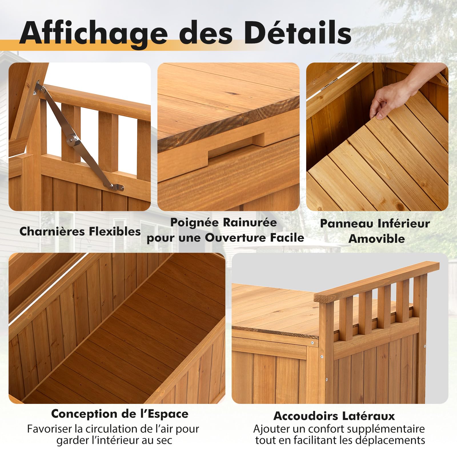 COSTWAY Banc de Rangement d'Extérieur en Bois, Banc d'Extérieur à 2 Places de 209 L avec Accoudoirs, Coffre de Stockage en Bois pour Outils de Jardin, Charge 100KG, pour Jardin Balcon (Naturel)