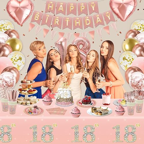 Miniatura 2 de 239 piezas de decoración de fiesta de cumpleaños número 18 de oro rosa para niñas, suministros de feliz cumpleaños 18 de oro rosa, juego de vajilla,