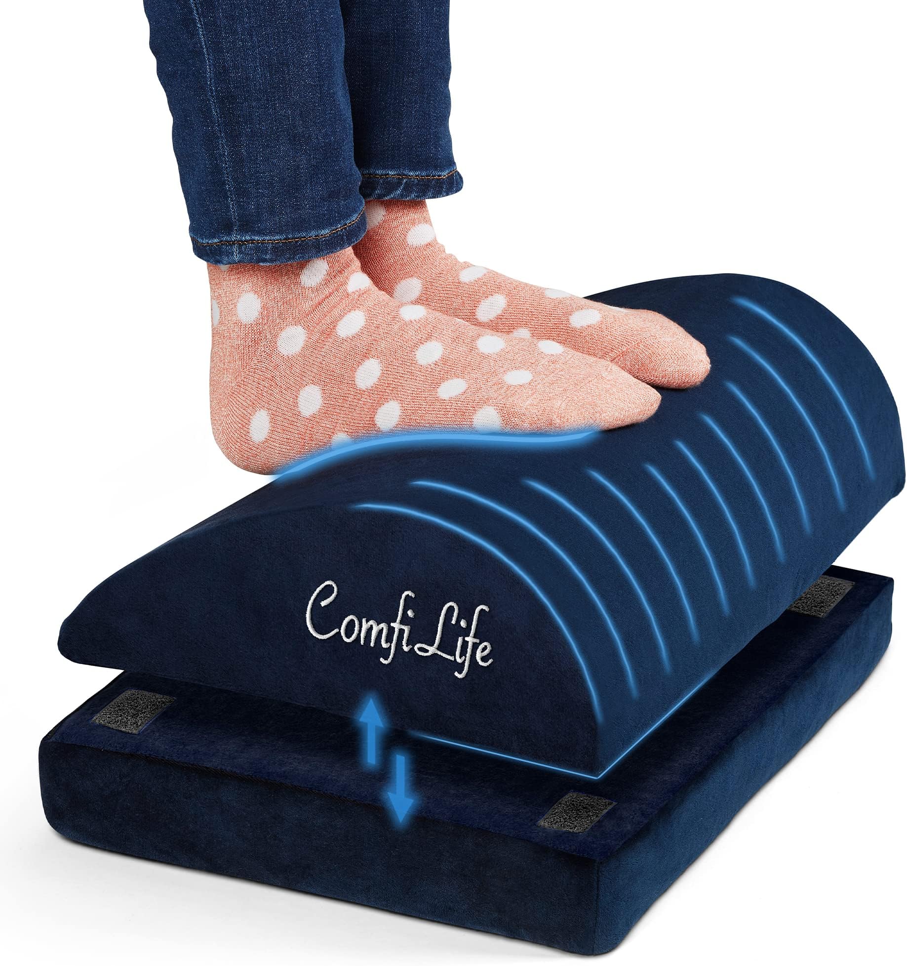 ComfiLife Foot Rest for Under Desk at Work – Adjustable Desk FootRest for Office Chair, Gaming Accessories – Ergonomic Teardrop Design for Back, Hip & Leg Pain Relief – 100% Memory Foam (Navy)