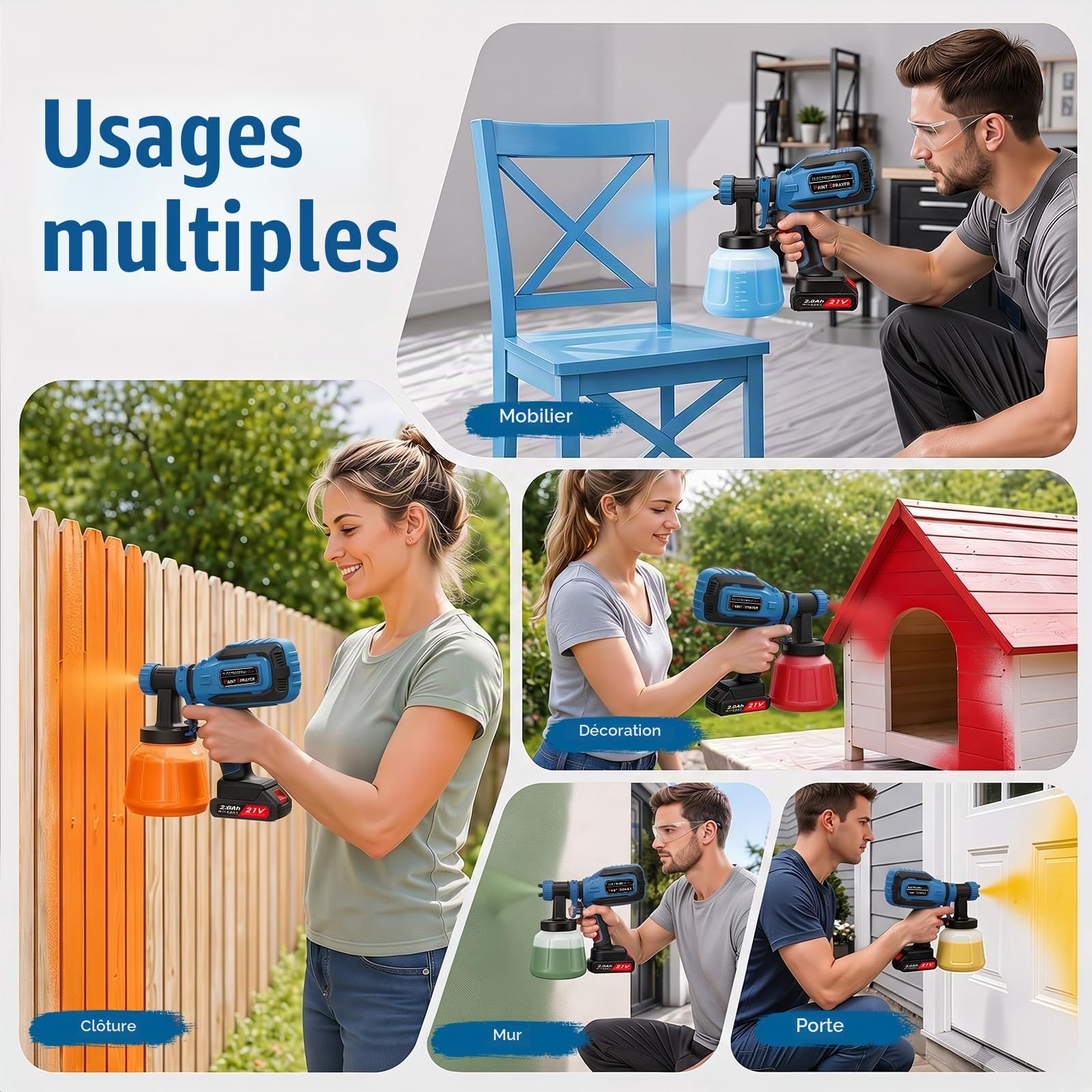 Pistolet à Peinture sans Fil 21V, 800 ML/Min Pistolet Peinture Electrique HVLP avec 5 Buses & 3 Modes de Pulvérisation, 1200 ML Réservoir, 2X Batteries 2000mAh – Idéal pour Meubles, Clôtures, Portes
