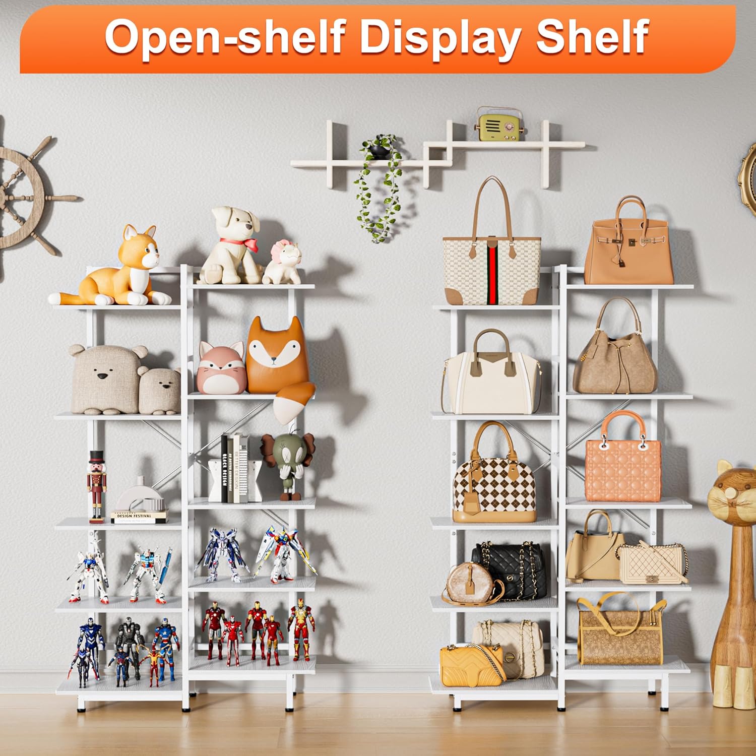 Aquzee Purse Display Shelf, 5 Tier Purse Rack, Tall Purse Organizer, Bag Handbag Organizers for Women Closet Cloakroom Bedroom Entryway, White