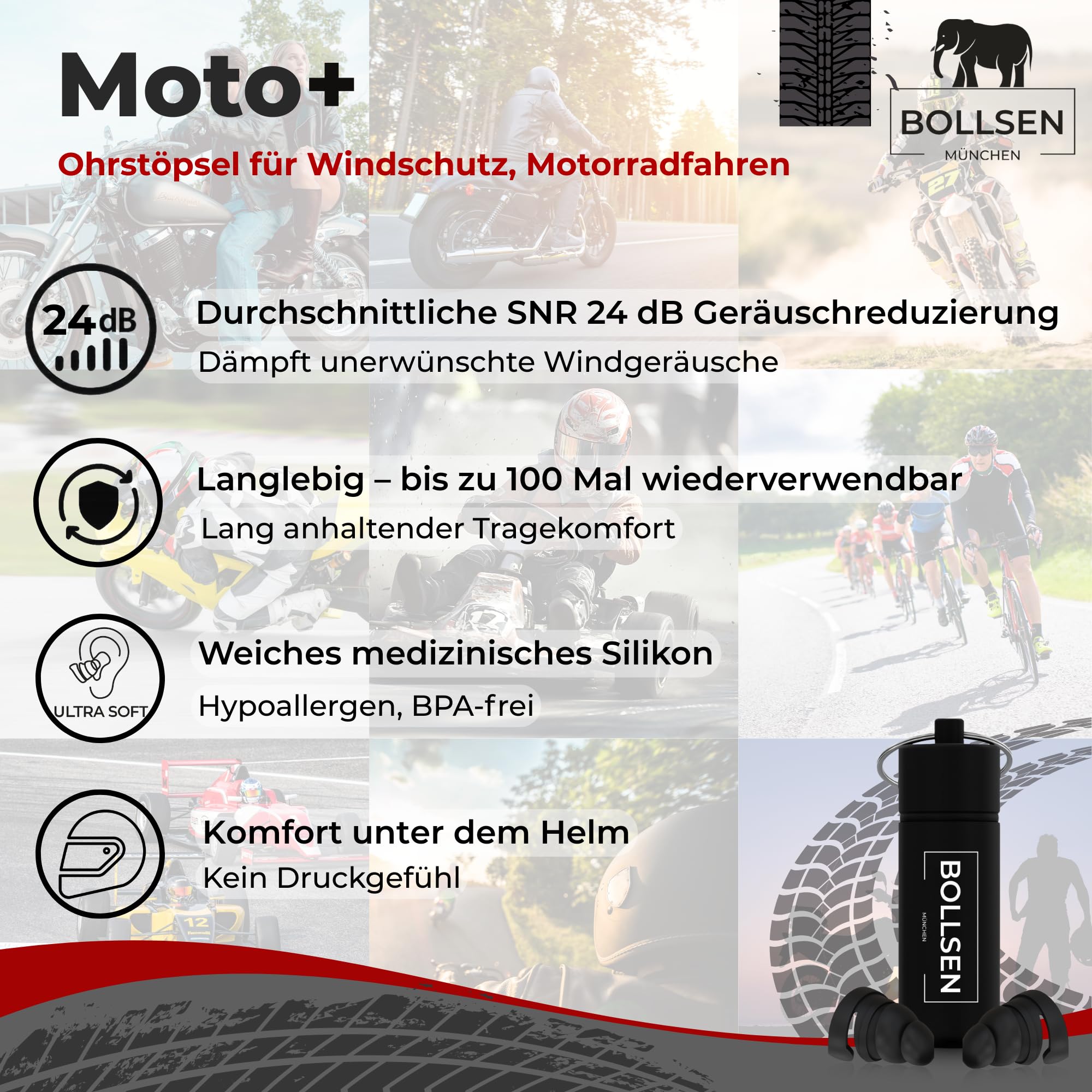 BOLLSEN Motorrad Ohrstöpsel – Wiederverwendbare Ohrstöpsel für Motorradfahrer – Windgeräuschreduzierung mit 24 dB SNR – Passt unter den Helm – Waschbar, Langlebig & Bequem (2)