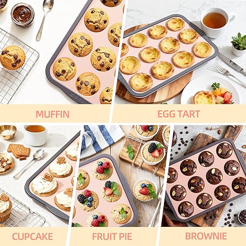 Miniatura 6 de Paquete de 2 moldes de silicona para magdalenas para hornear, molde antiadherente prémium para magdalenas con marco reforzado de metal, moldes de