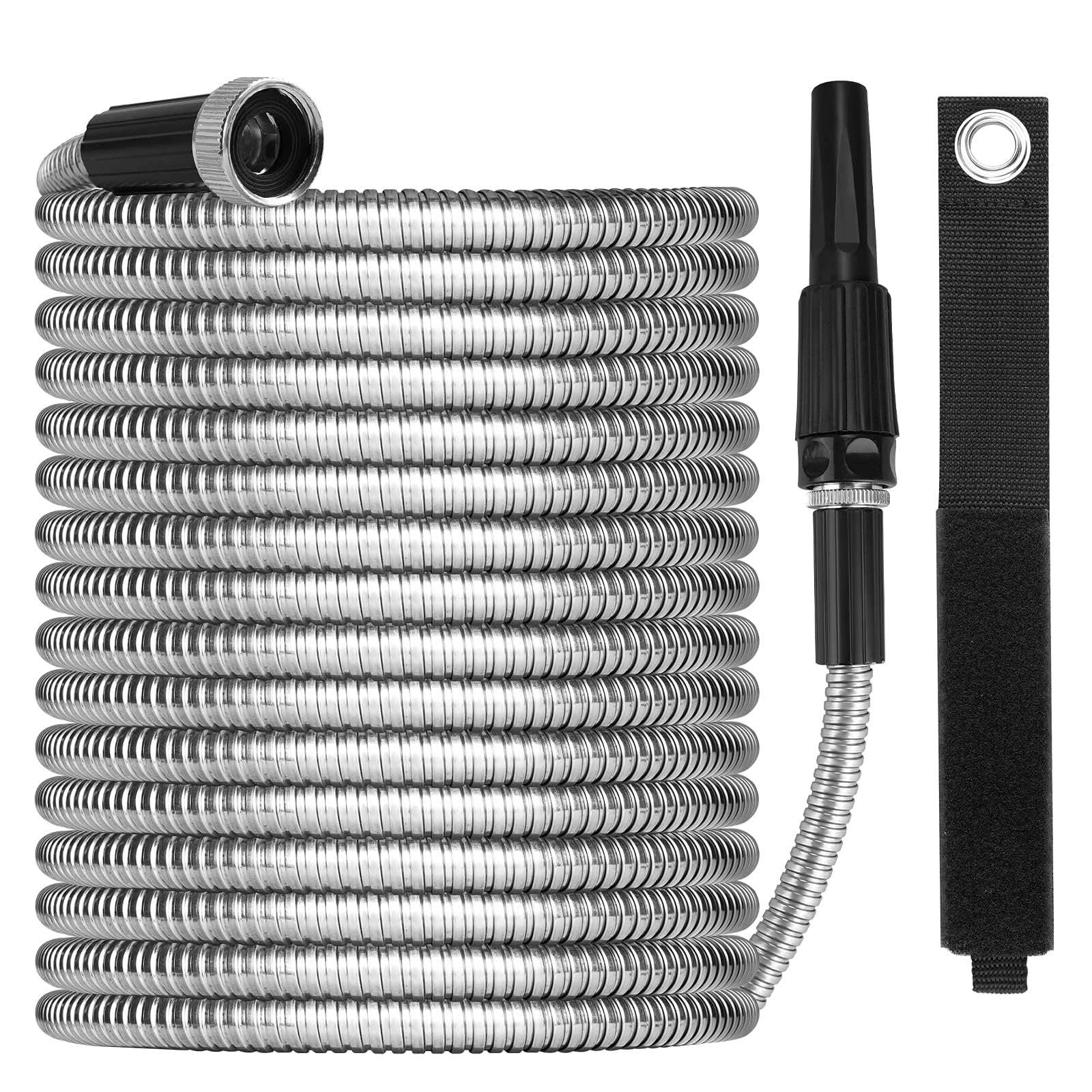 OnBrand Metal Garden Hoses for Yard 100ft, Lightweight Stainless Steel Garden Water Hose with Adjustable Nozzle, Flexible Garden Hose with Storage