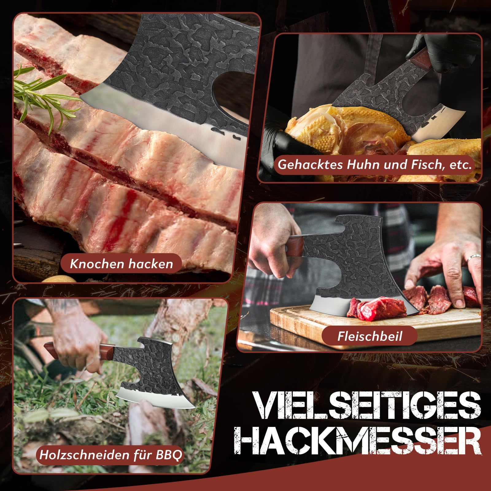 Purple Dragon Hackbeil Schwer für große Knochen und Fleisch, Full Tang Küchenbeil mit Lederscheide, Scharfes Metzgermesser aus hochwertigem Kohlenstoffstahl, Hackmesser für Knochen und Fleischerbeil