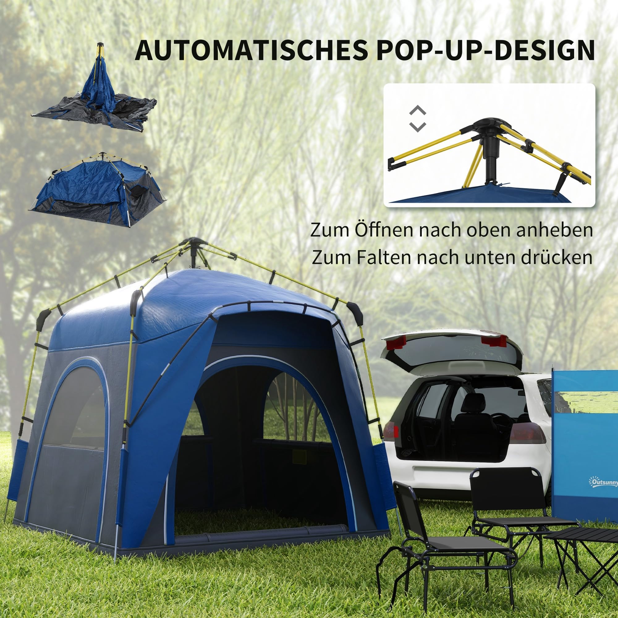 Outsunny Pop Up namiot kopułkowy dla 3 osób UV 50+ Niebieski | 4 drzwi, okna, haki, podłoga, lekki, stabilny, namiot rodzinny, 1000mm słup wody, do campingu, podróży, trekkingu, ogrodu