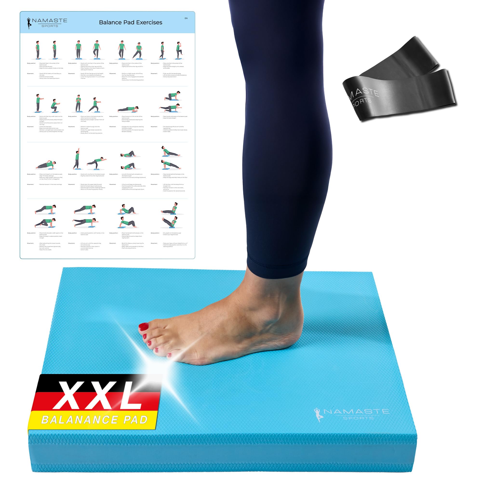 Balance Pad XXL - Tapis d'entraînement antidérapant pour physiothérapie, yoga et entraînement à domicile - Avec poster d'exercices et bande de résistance