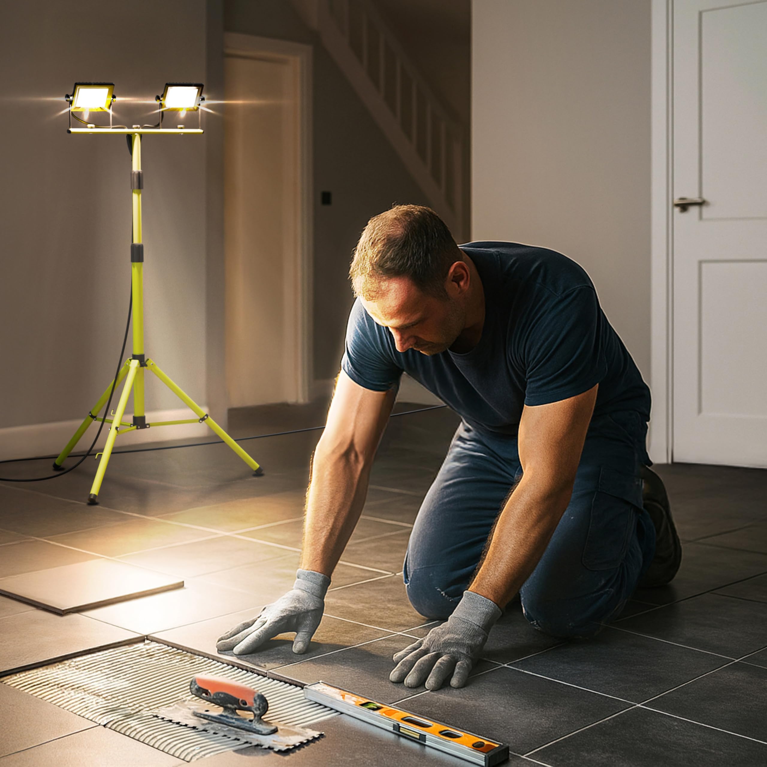 Luceco Treppiede LED a Doppia Testa da Lavoro, Sottile, Regolabile, Multiposizione, Pieghevole, Cavo da 3m, Resistente alle Intemperie, Nero/Verde, IP65, 2 × 20W, 3200lm, 5000K, EFLDTT20B50