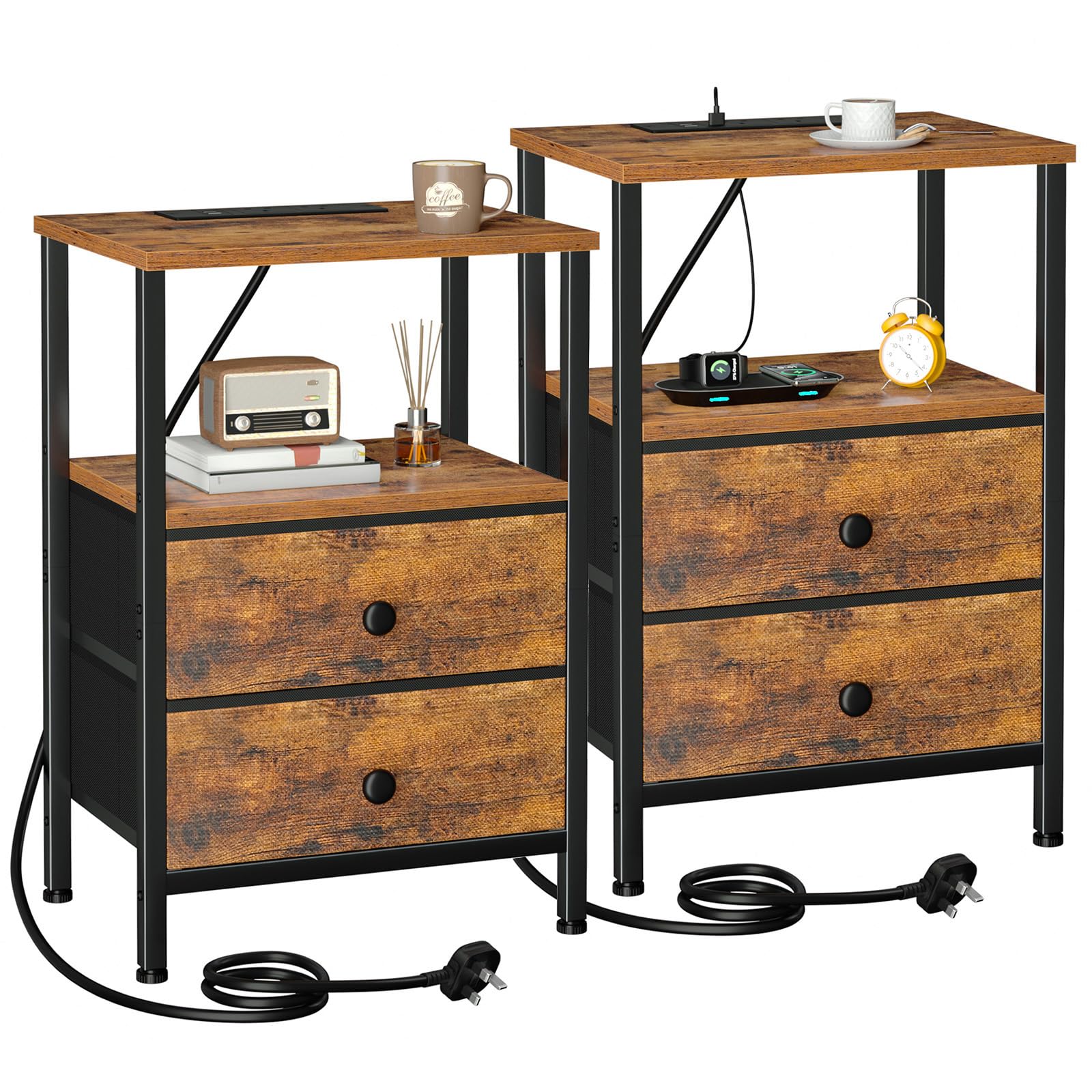 AMHANCIBLE Bedside Table Set of 2 with Charging Station, Nightstand with 2 Fabric Drawers, Small Side Table with Open Storage Shelf, Bedside Cabinets for Living Room, Bedroom, Rustic Brown HETS020PBR