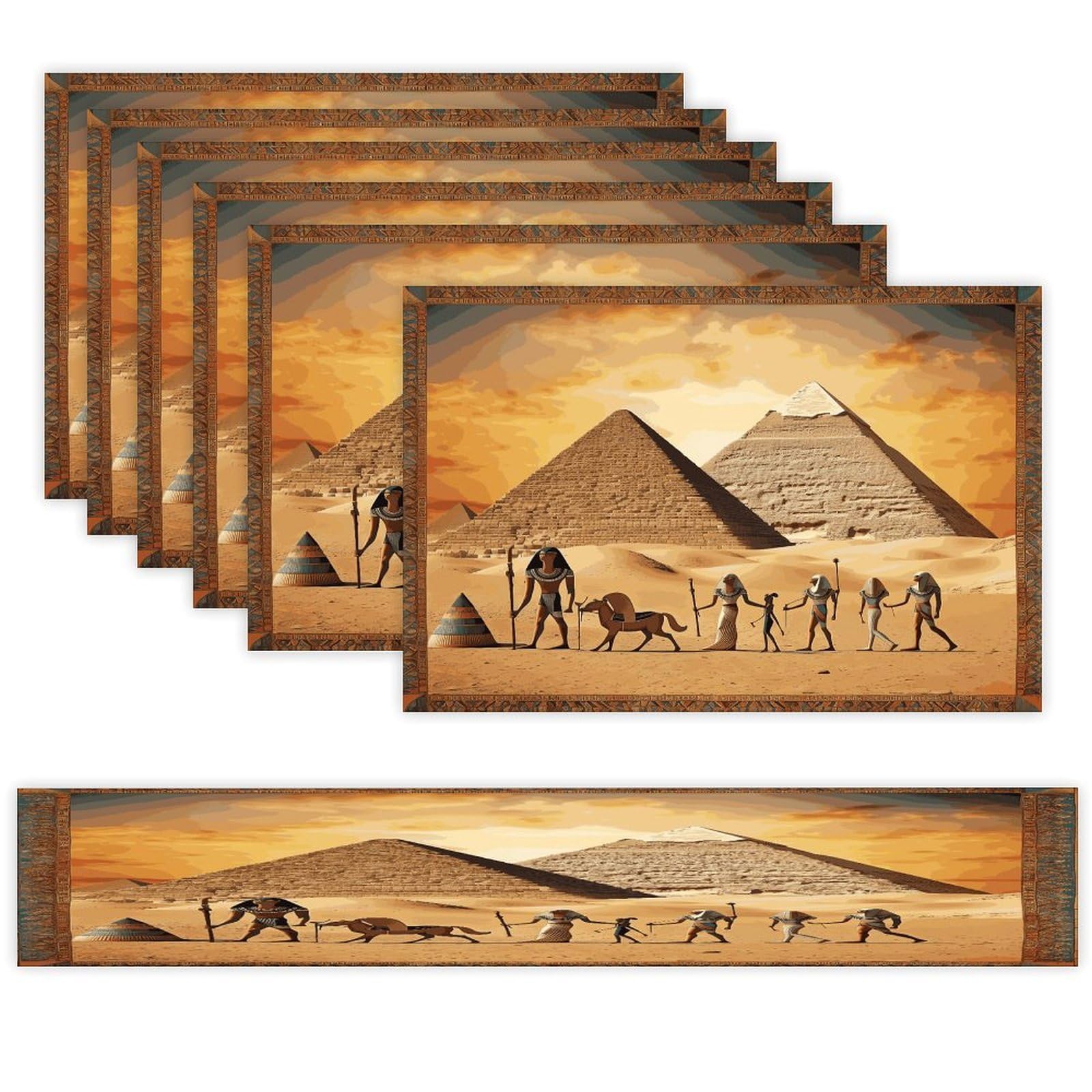 Ancient Egypt Table Runner and Placemats Set of 6 Wipe Clean Heat Resistant Table Mat with Table Runner Decorations Flax Linen Place Mat Set for Home Kitchen Party Supplies